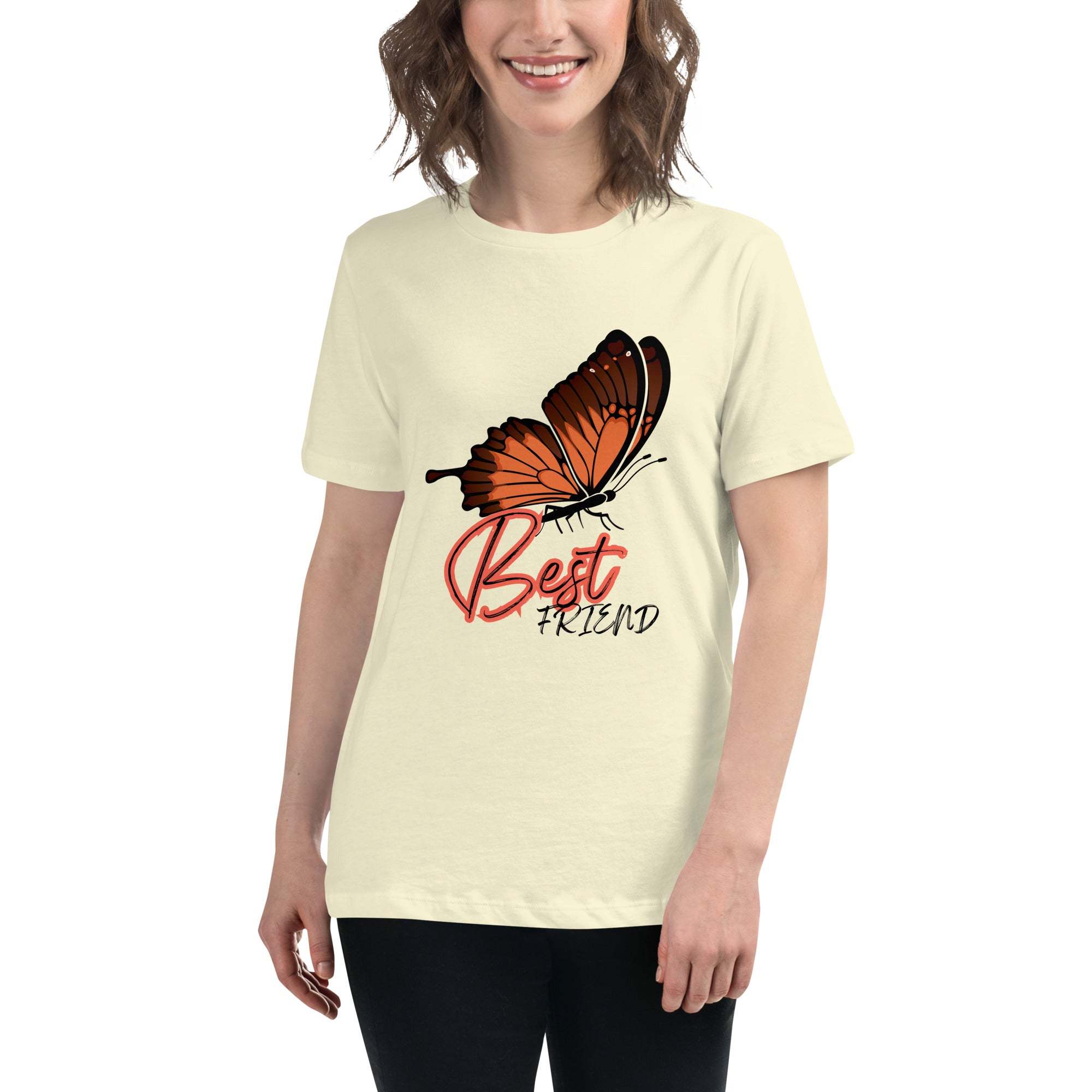 Unisex cream t-shirt with red and black butterfly graphic and "Best Friend" text design