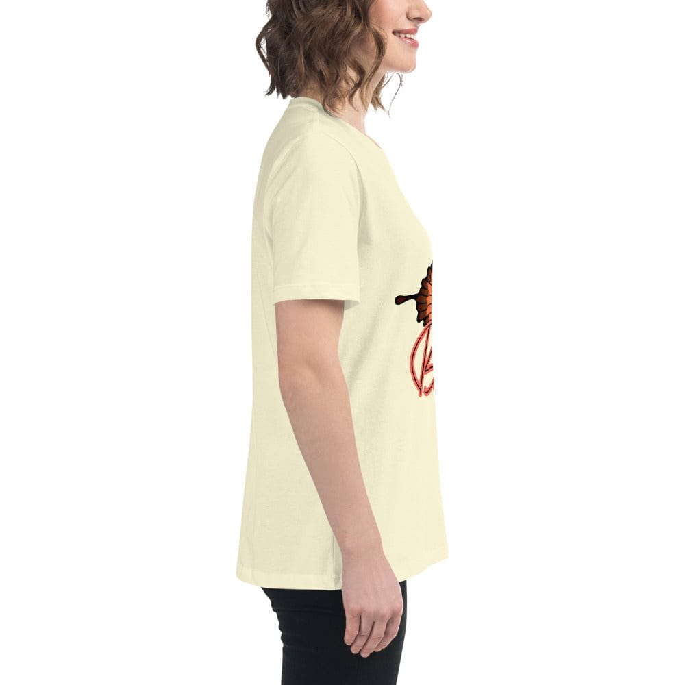 Side view of a woman wearing a beige Best Friend Butterfly T-Shirt with short sleeves and a butterfly graphic on the front