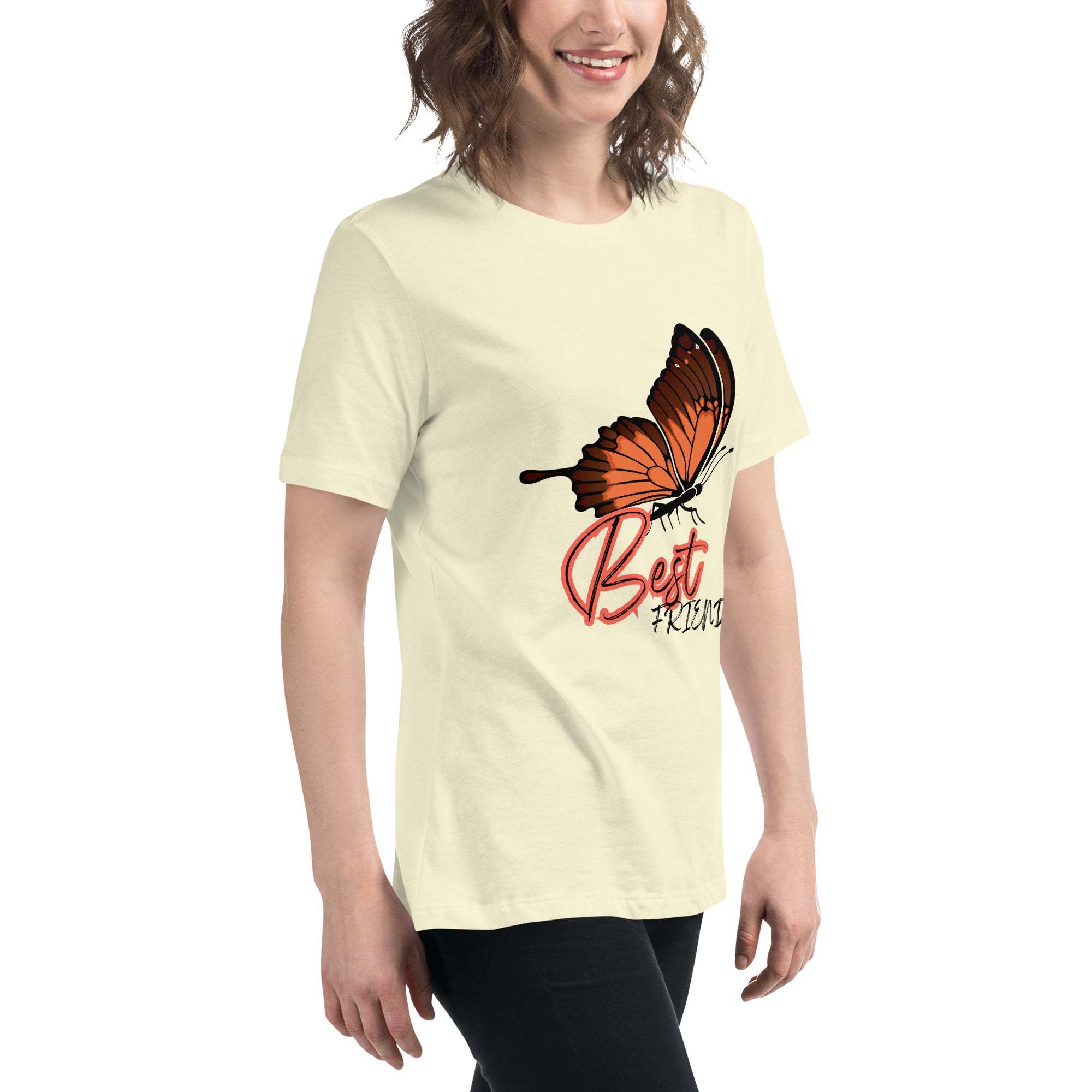 Woman wearing beige Best Friend Butterfly T-Shirt with orange butterfly graphic and "Best Friend" text.