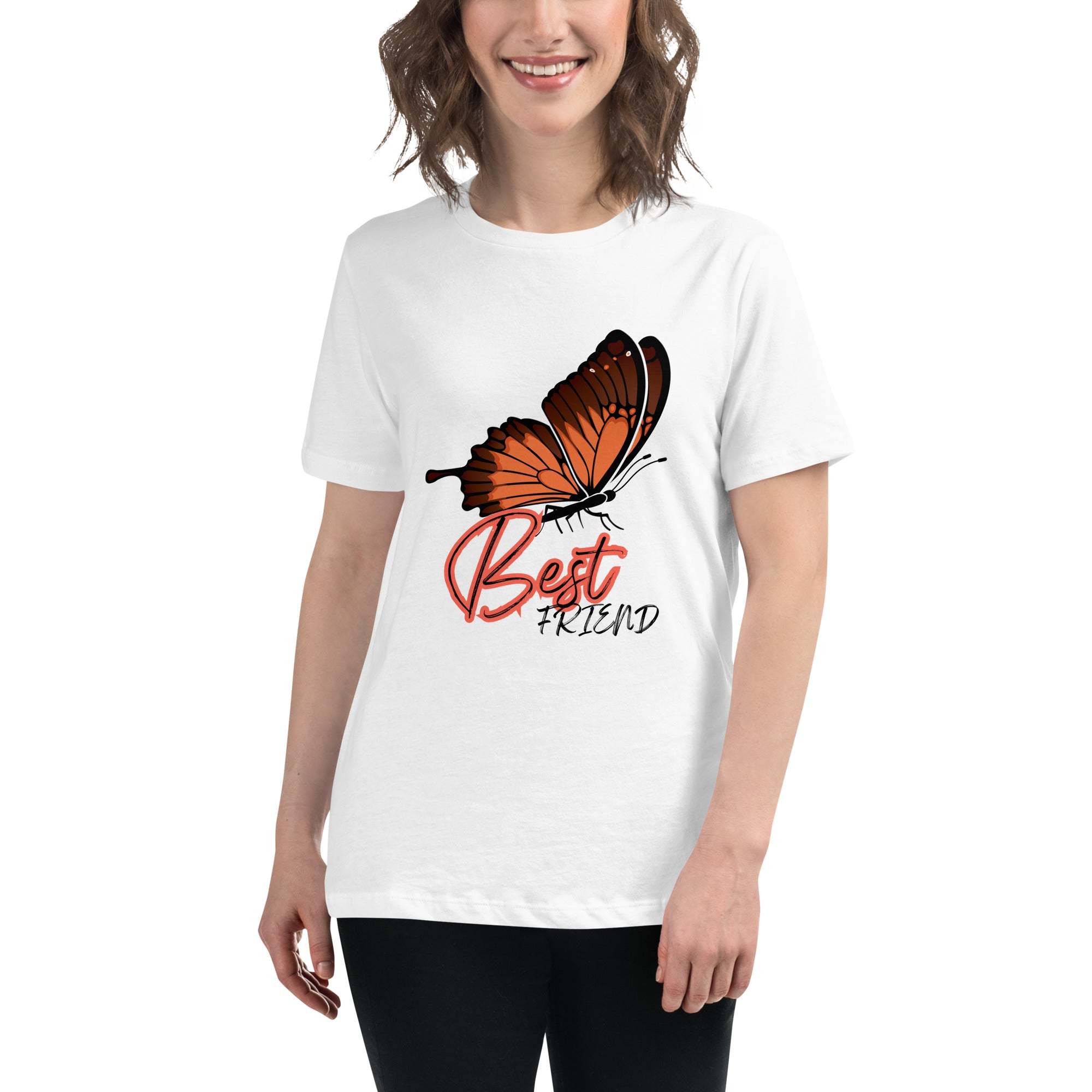 White Best Friend Butterfly T-Shirt featuring orange butterfly graphic and stylish text, unisex fit, soft breathable fabric.