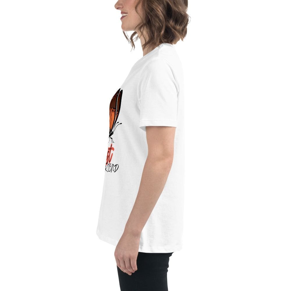 Woman wearing white Best Friend Butterfly T-shirt with butterfly graphic and text, side view
