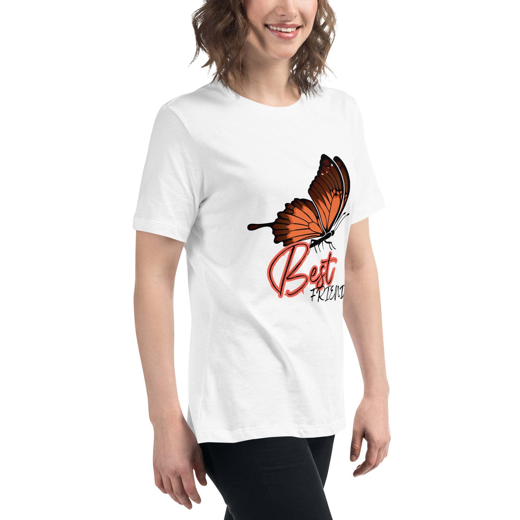 White unisex t-shirt featuring an orange butterfly graphic with "Best Friend" text, made from soft breathable fabric.