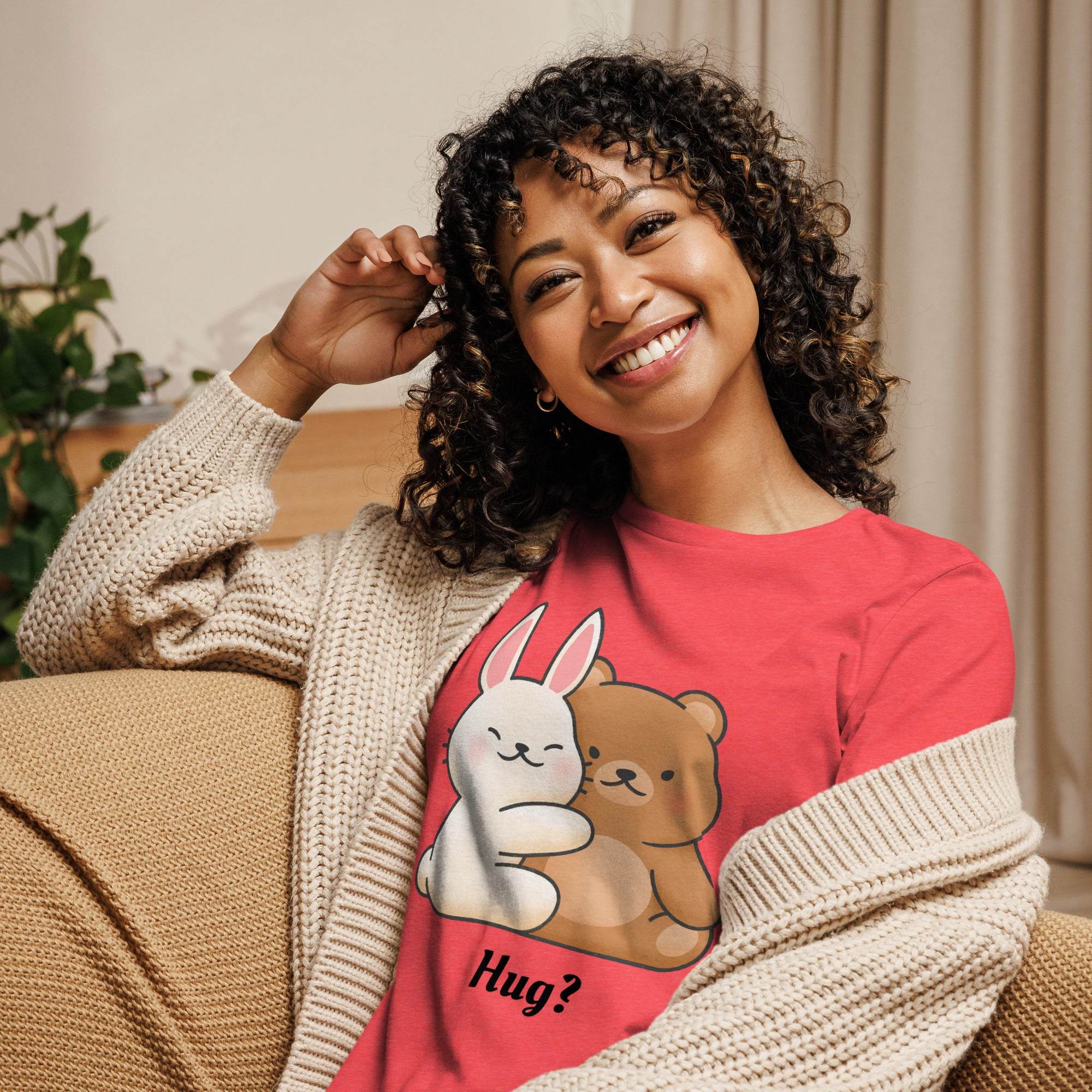 Smiling woman wearing pink Cute Bunny and Bear Hug T-Shirt with cartoon bunny and bear hugging design