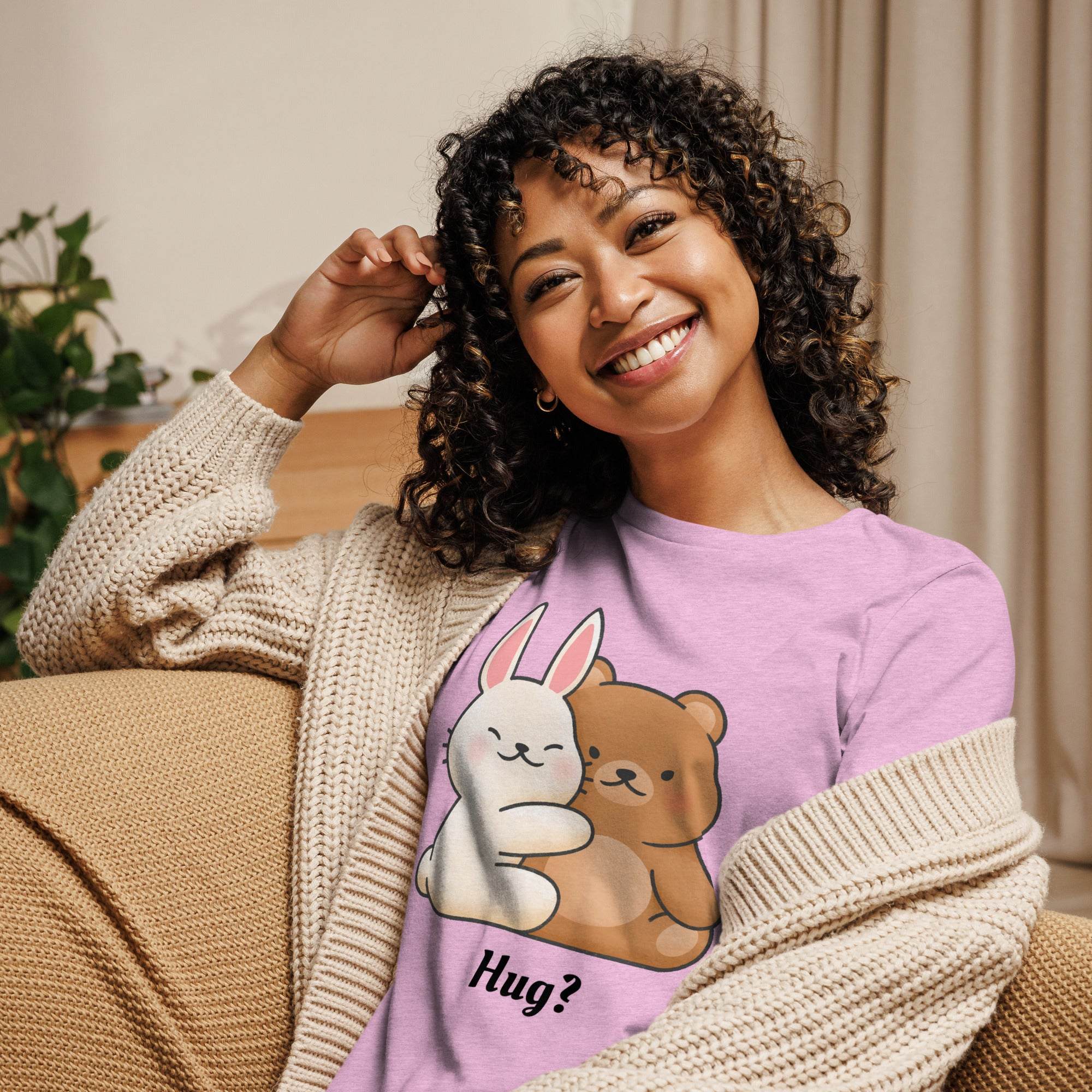 Woman wearing pastel purple Cute Bunny and Bear Hug T-Shirt with cartoon animals cuddling and text "Hug?"
