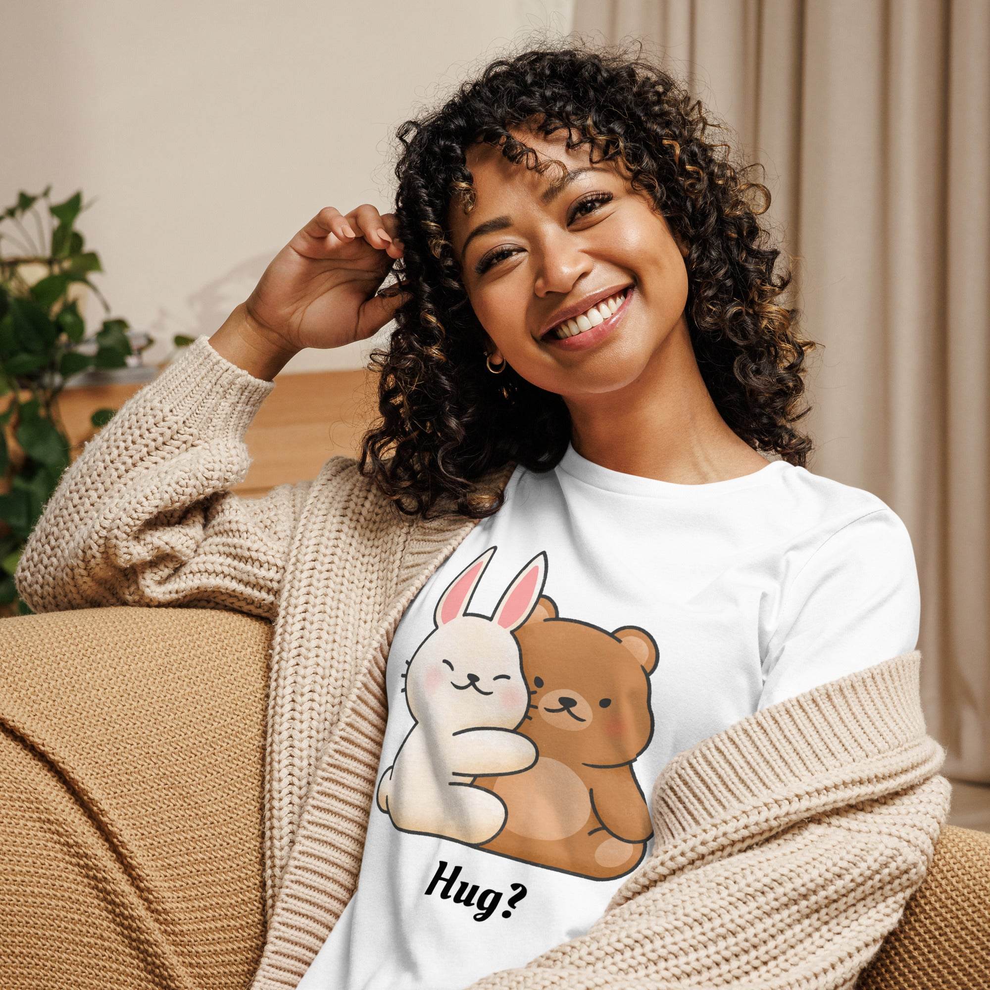 Woman smiling wearing white Cute Bunny and Bear Hug T-Shirt with cartoon bunny and bear hugging design