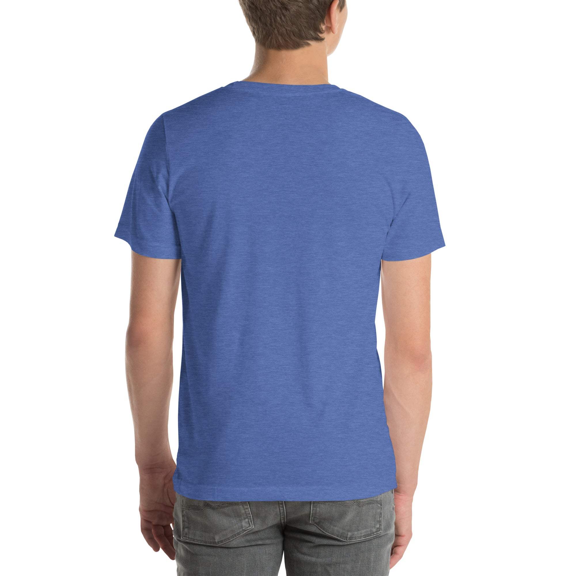 Back view of a man wearing a blue Funny Wrinkled T-Shirt, Old Person Humor T-shirt, casual unisex cotton tee