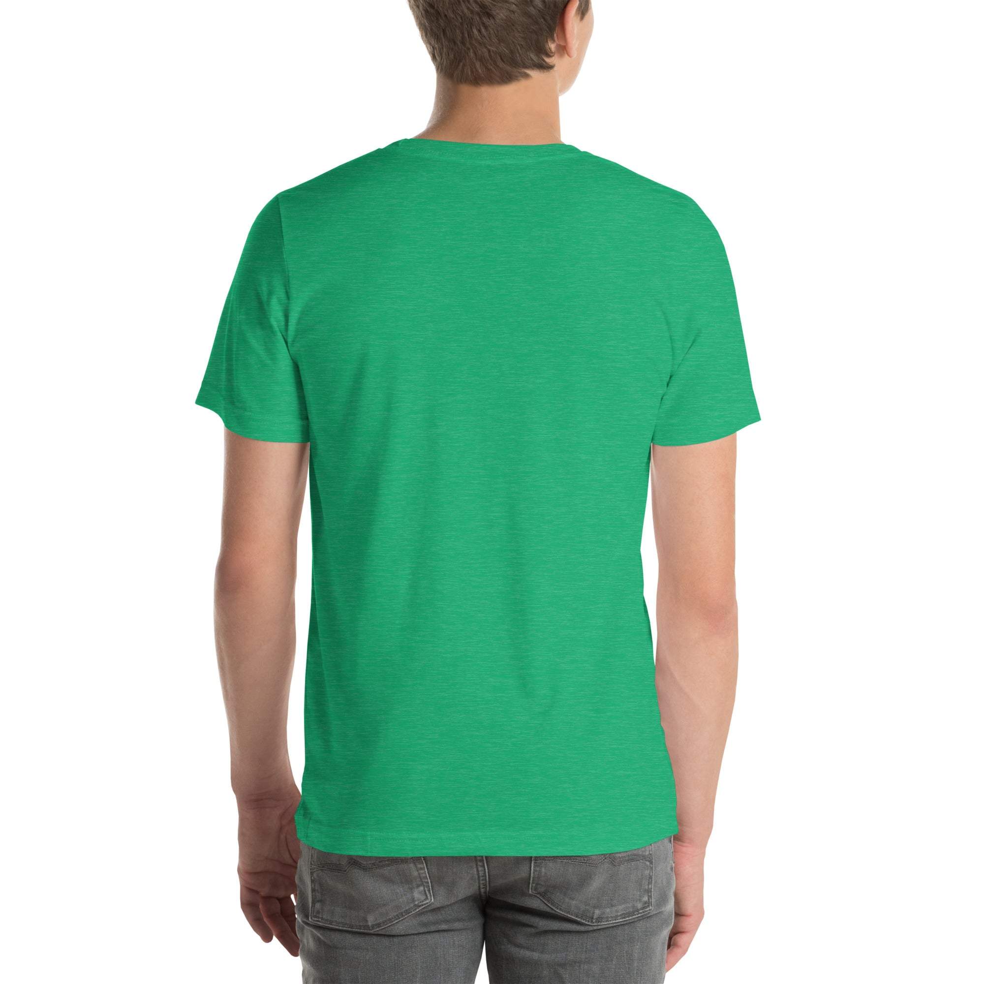 Back view of a person wearing a green funny wrinkled t-shirt, casual old person humor t-shirt in unisex fit