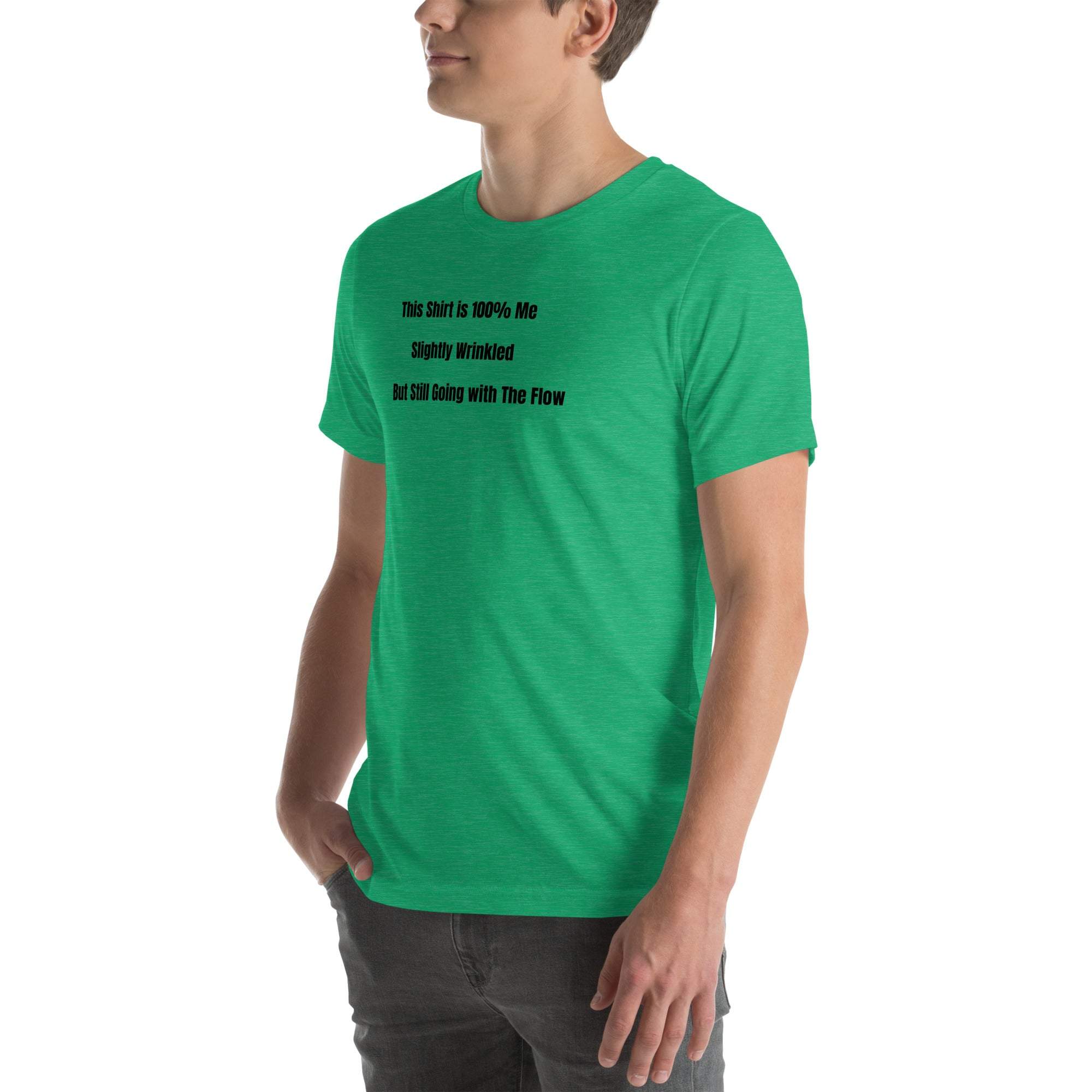 Green funny wrinkled t-shirt with humorous old person humor text, unisex casual cotton tee
