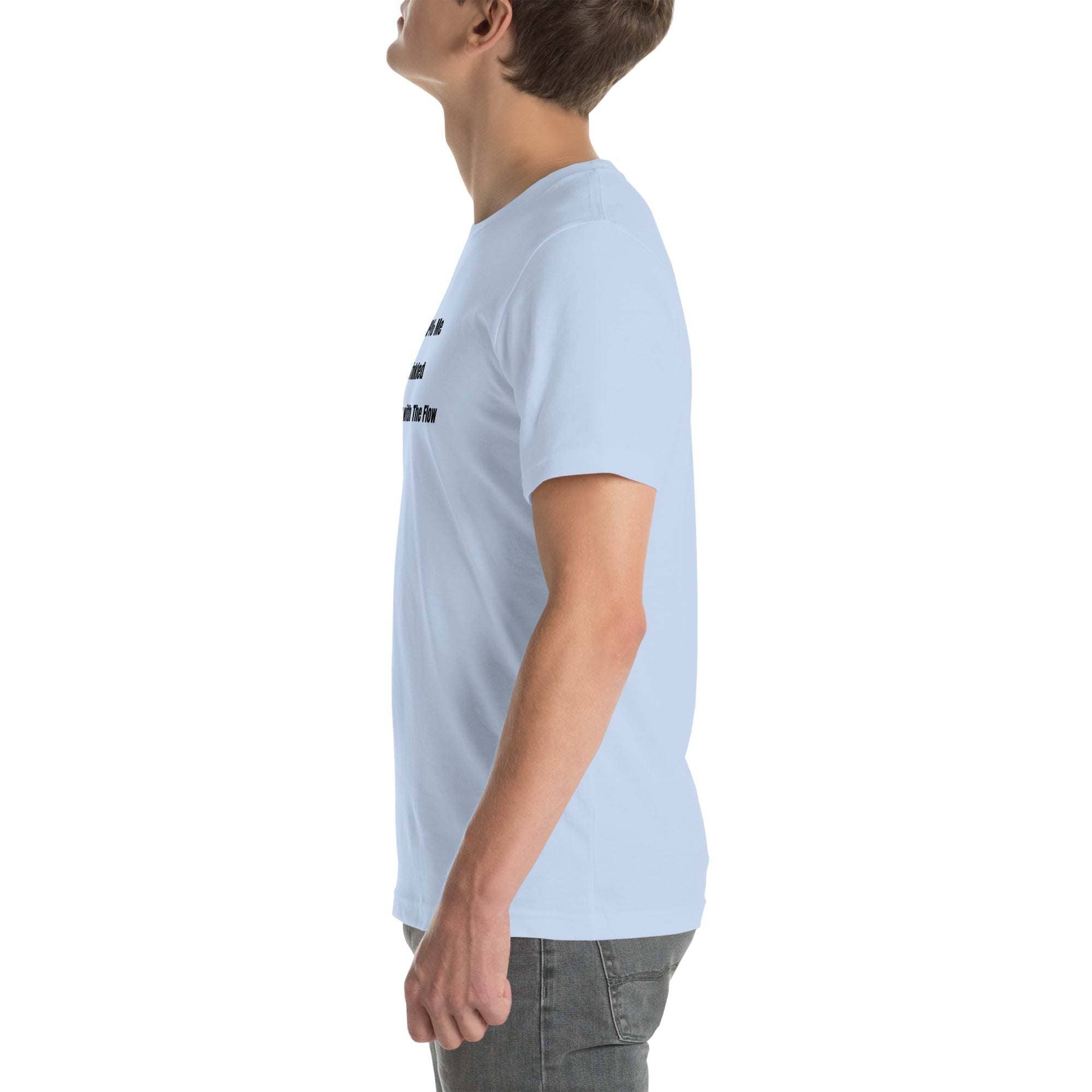 Side view of light blue Old Person Humor T-shirt with witty "Slightly Wrinkled" text worn by male model