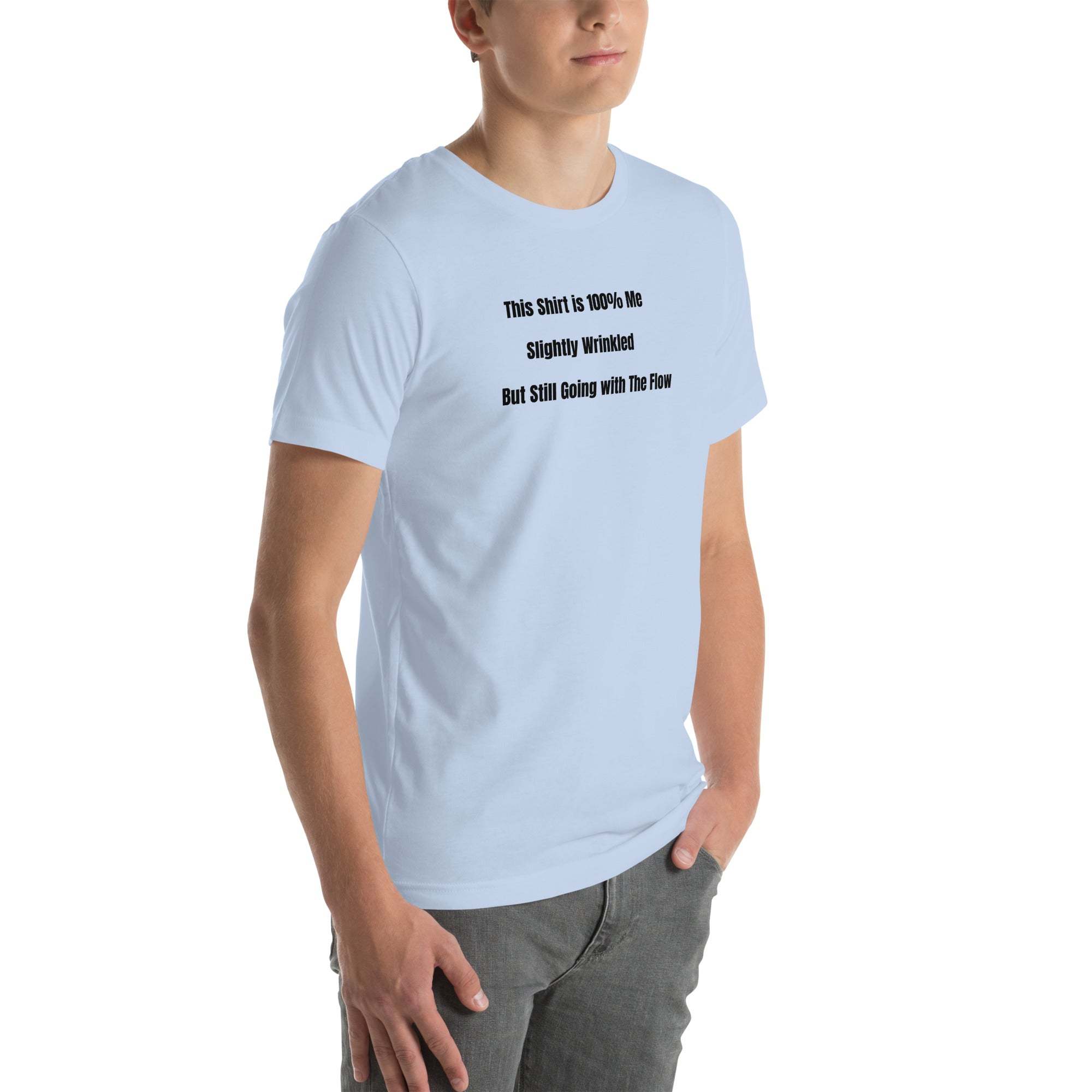 Unisex funny wrinkled t-shirt with humorous "100% Me Slightly Wrinkled" text, soft cotton, old person humor tee