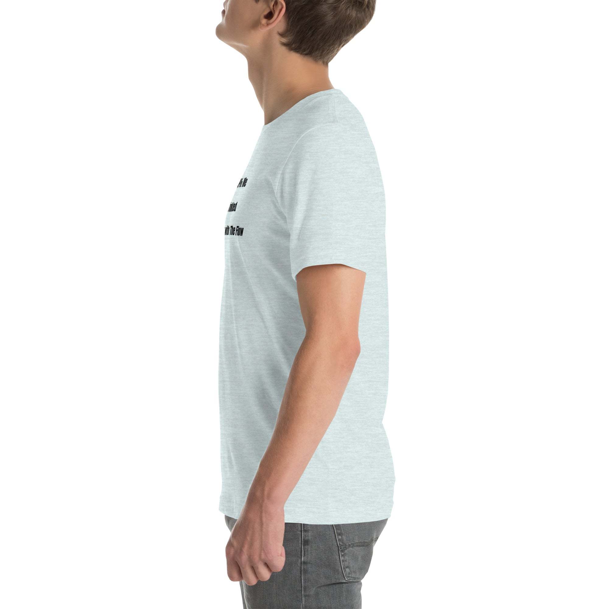 Side view of man wearing light grey funny wrinkled t-shirt with humorous old person humor text