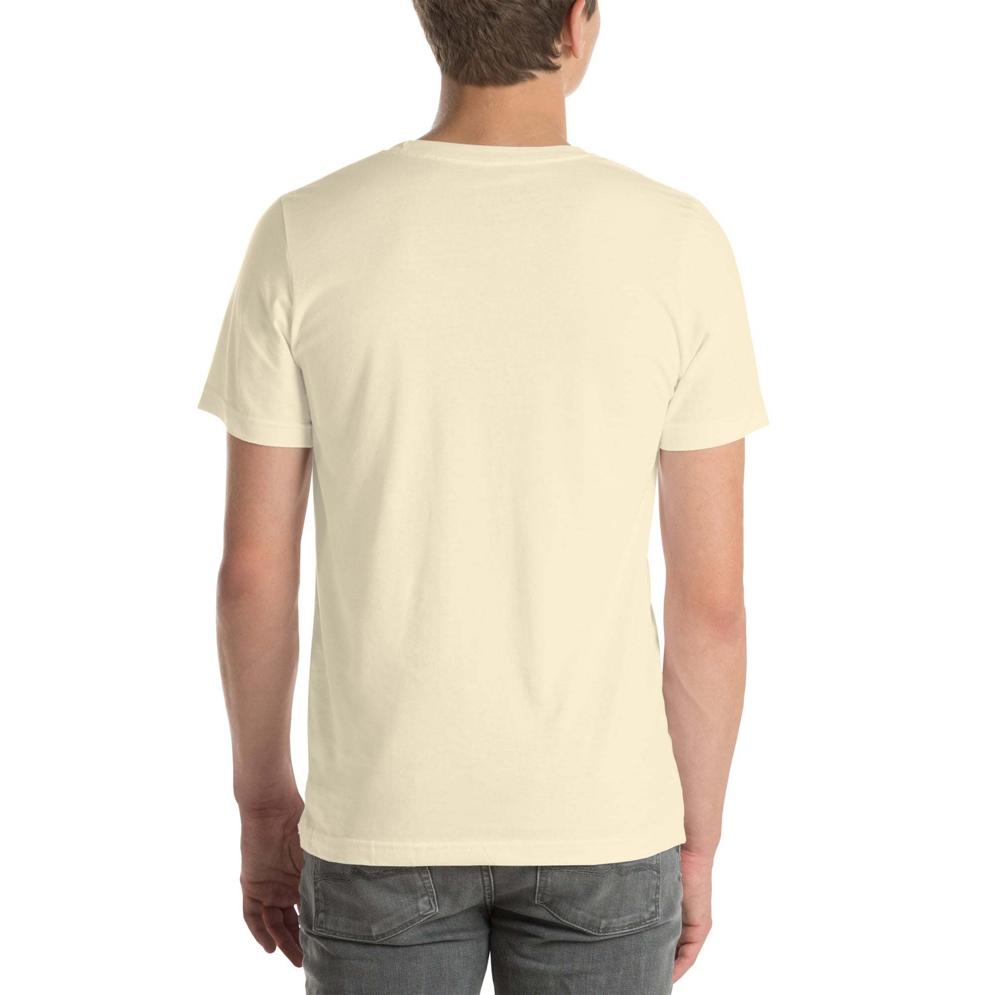 Back view of unisex funny wrinkled T-shirt in cream color, casual old person humor tee made of soft cotton.