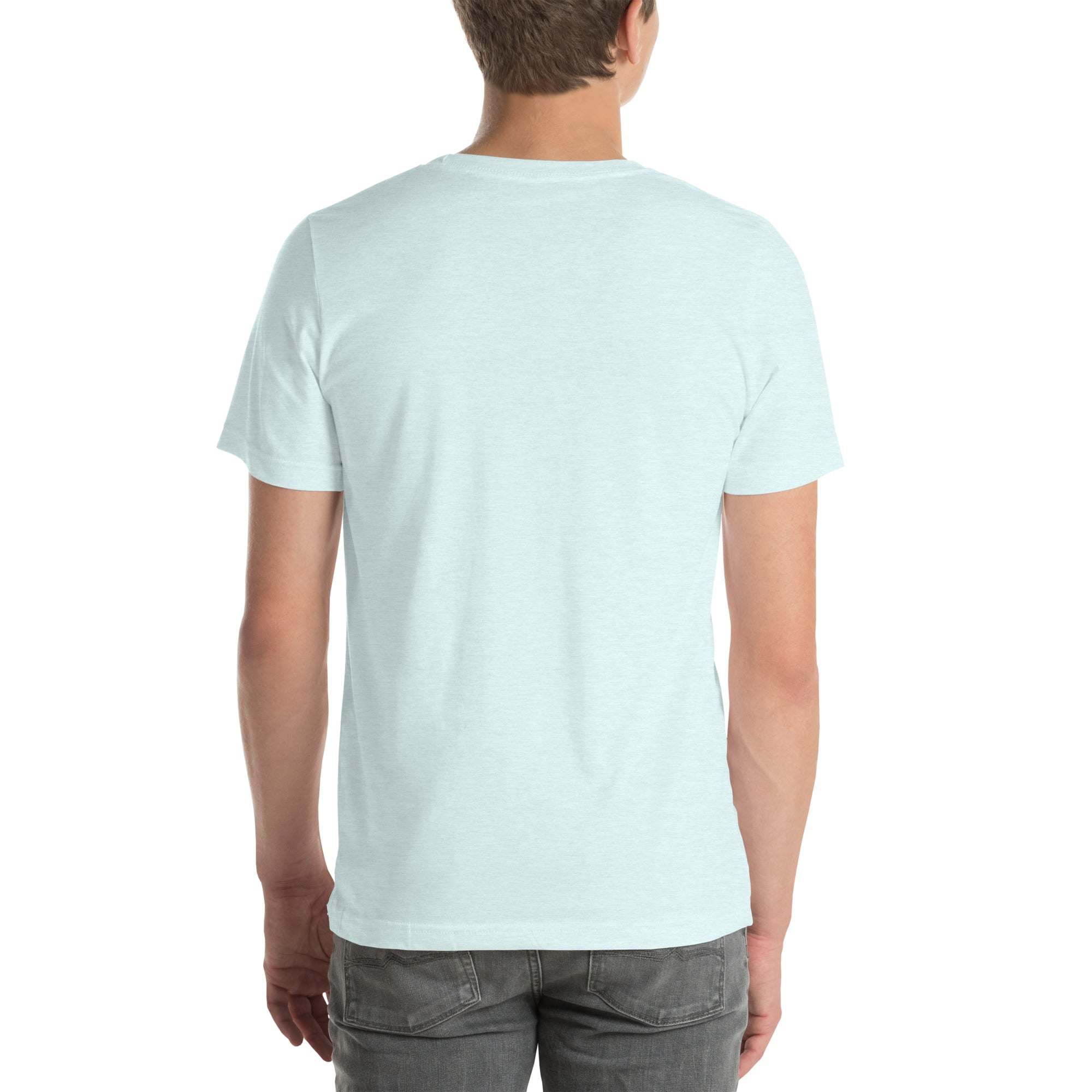 Back view of light blue funny wrinkled t-shirt for old person humor with unisex fit and soft cotton fabric