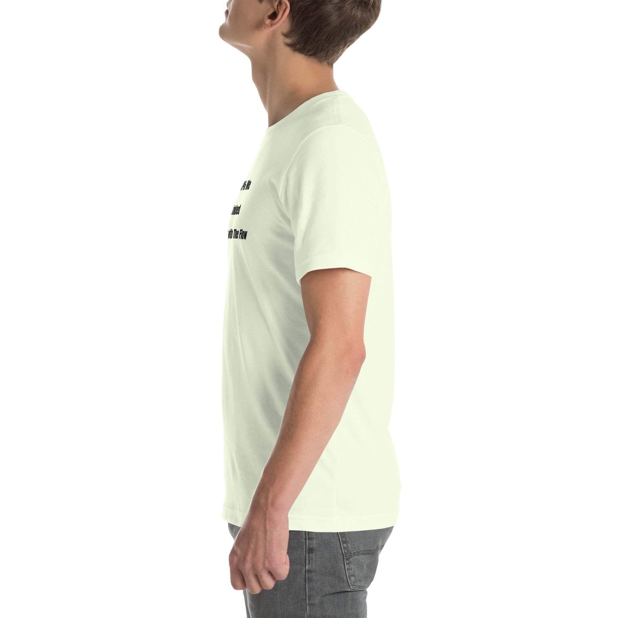 Side view of a person wearing a light-colored funny wrinkled T-shirt with humorous text, casual unisex fit, comfortable cotton fabric, old person humor T-shirt.