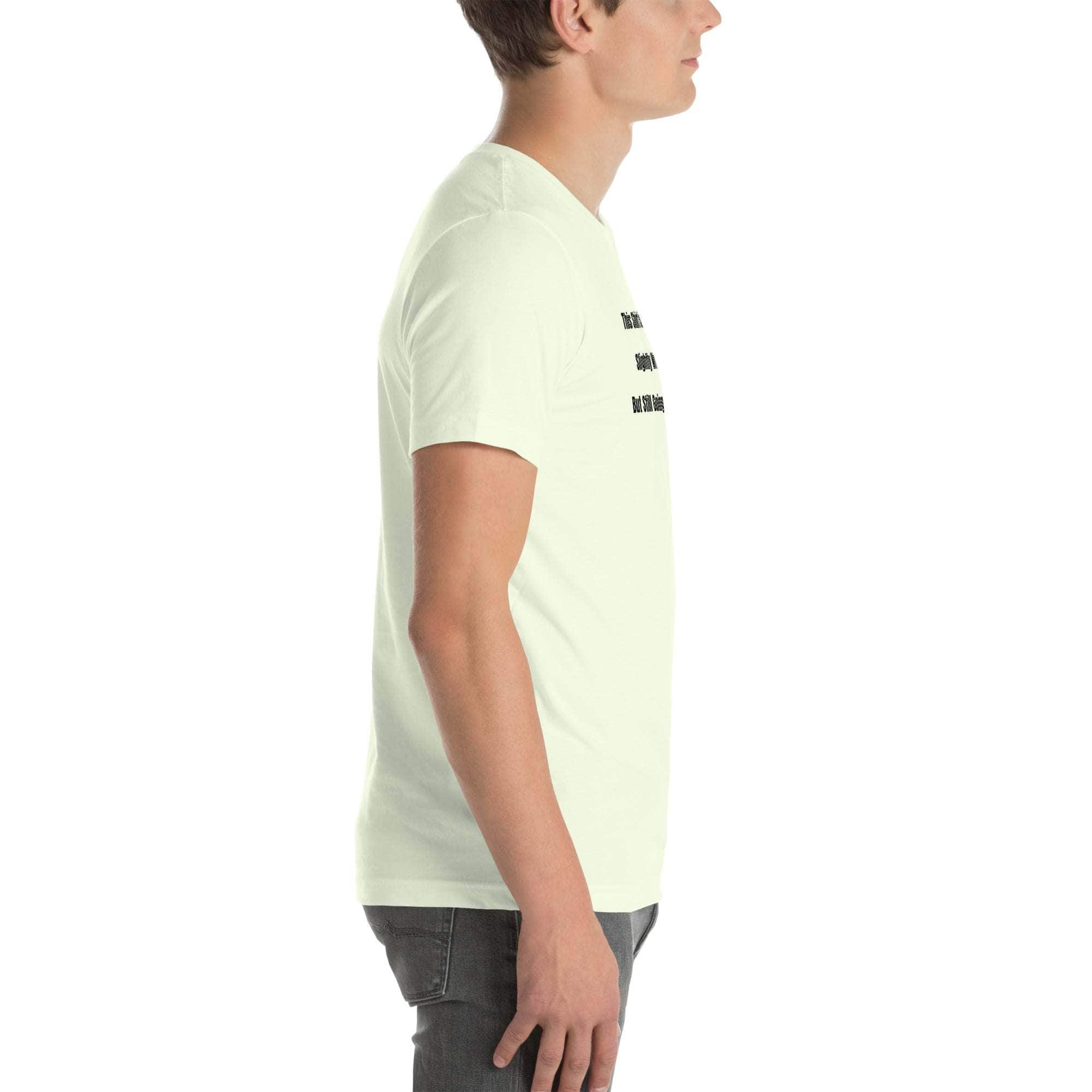 Side view of a man wearing a white funny wrinkled t-shirt with humorous printed text, casual old person humor t-shirt.