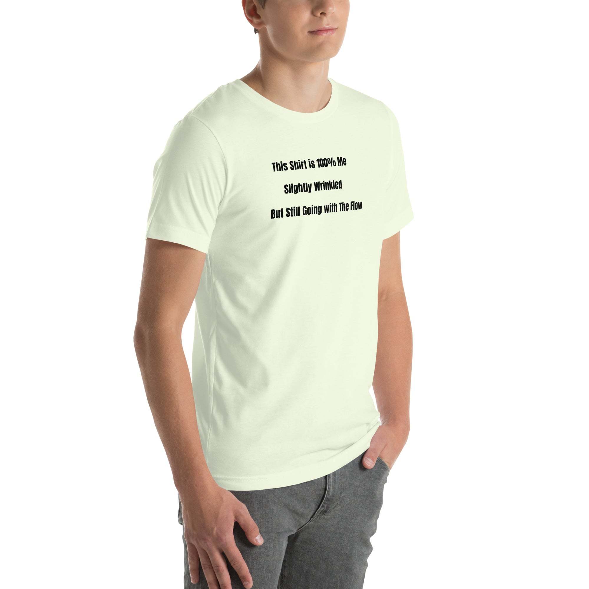 Unisex funny old person humor t-shirt with "Slightly Wrinkled but Still Going with the Flow" text, soft cotton fabric