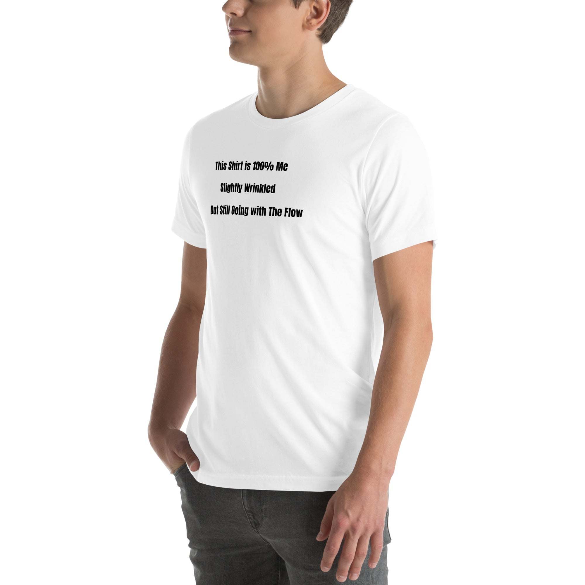 White funny old person humor t-shirt with witty "Slightly Wrinkled but Still Going with the Flow" text, unisex fit