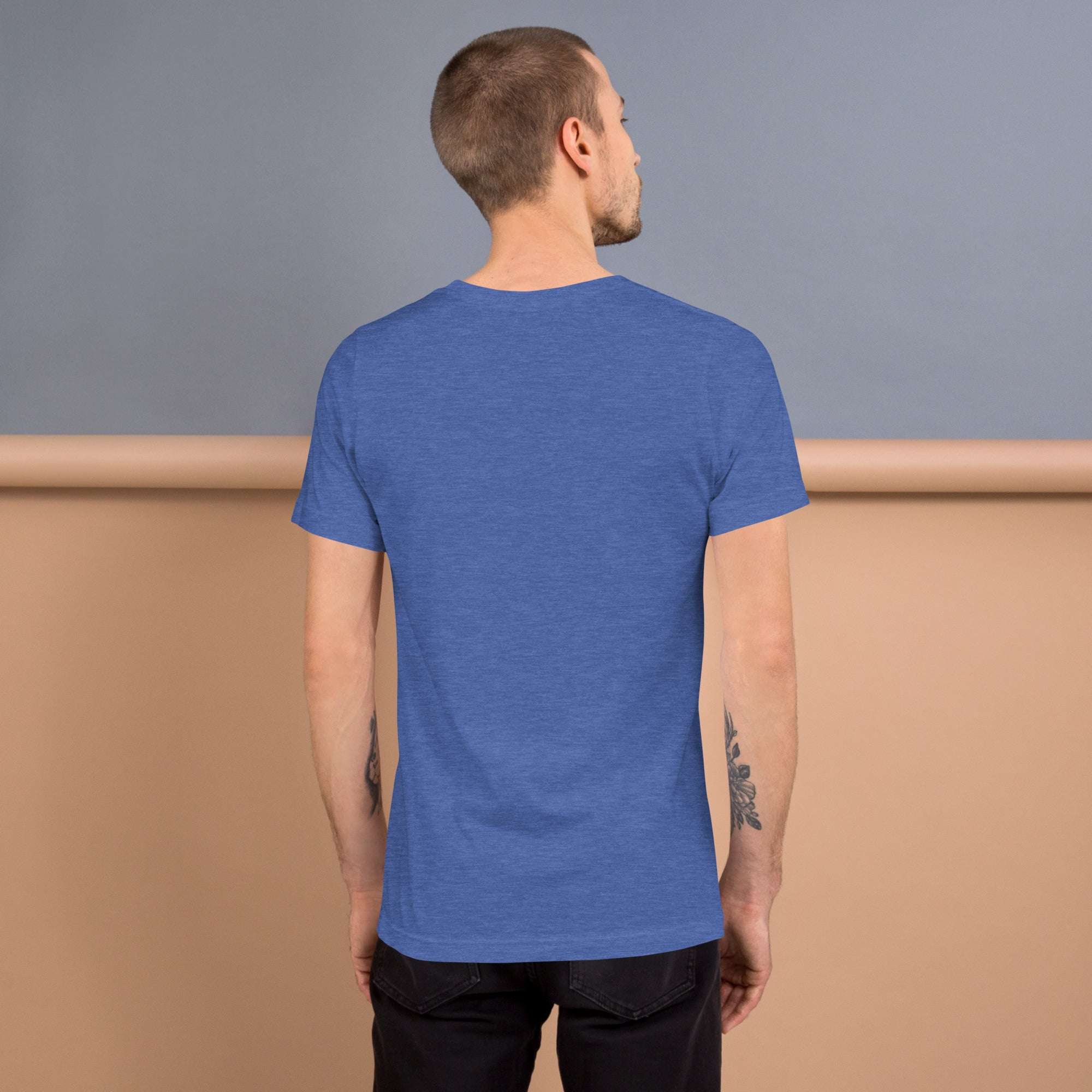 Man wearing blue Good Vibes T-Shirt, back view, soft lightweight cotton blend, comfortable fit