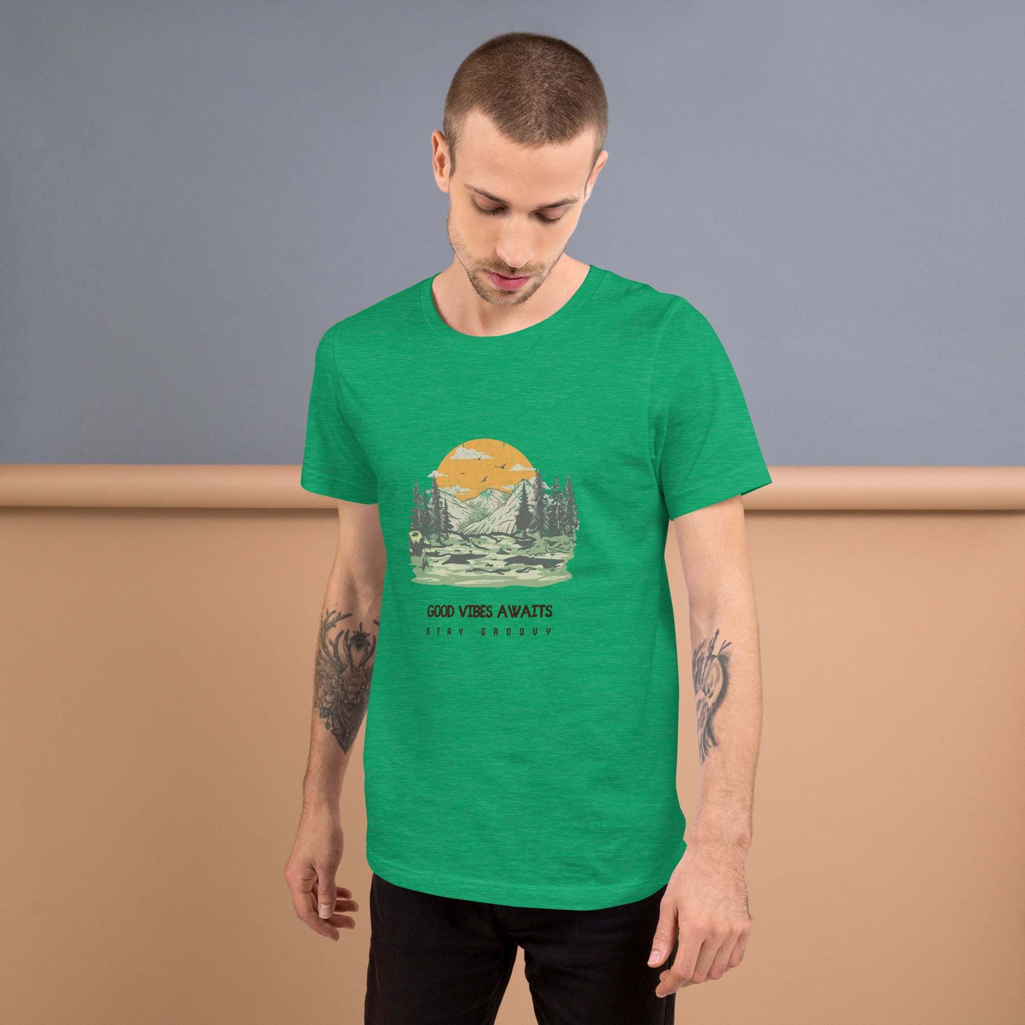 Green Good Vibes Awaits T-Shirt with nature graphic worn by male model