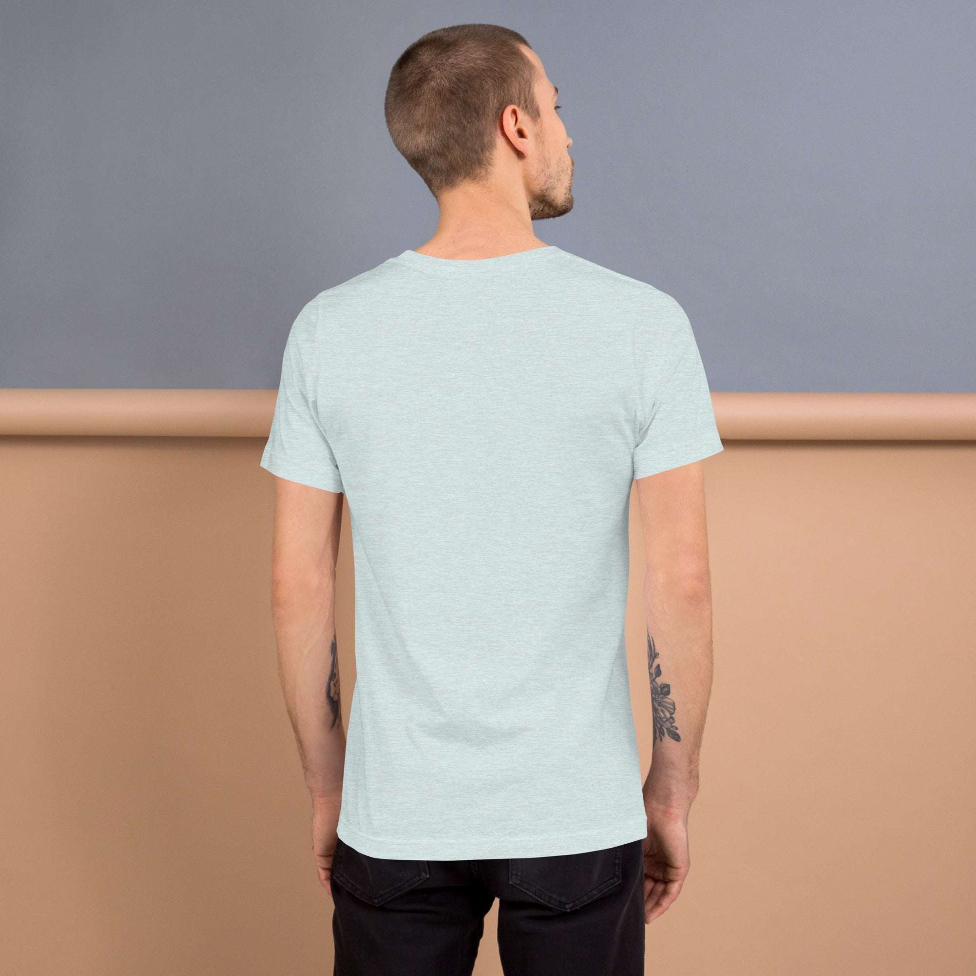 Man wearing light heather Good Vibes T-Shirt breathable soft cotton back view
