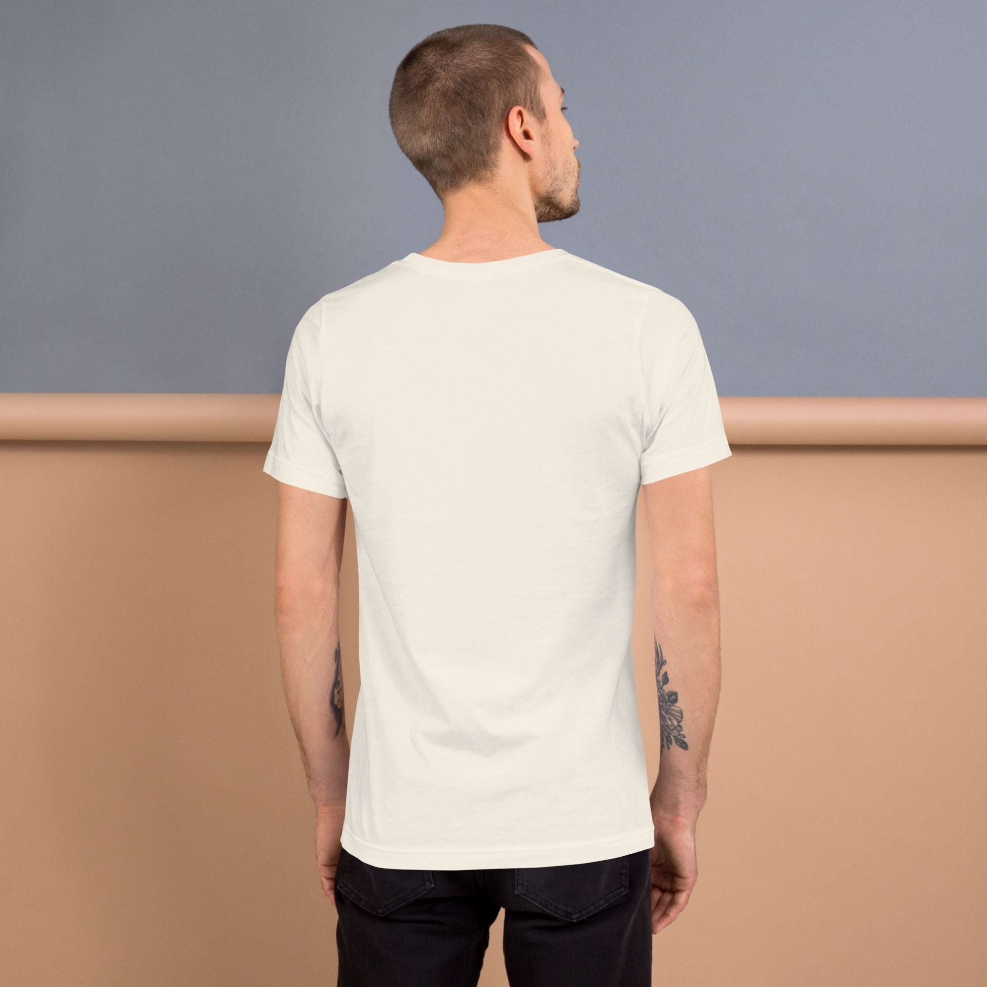 Man wearing plain white Good Vibes T-Shirt viewed from the back