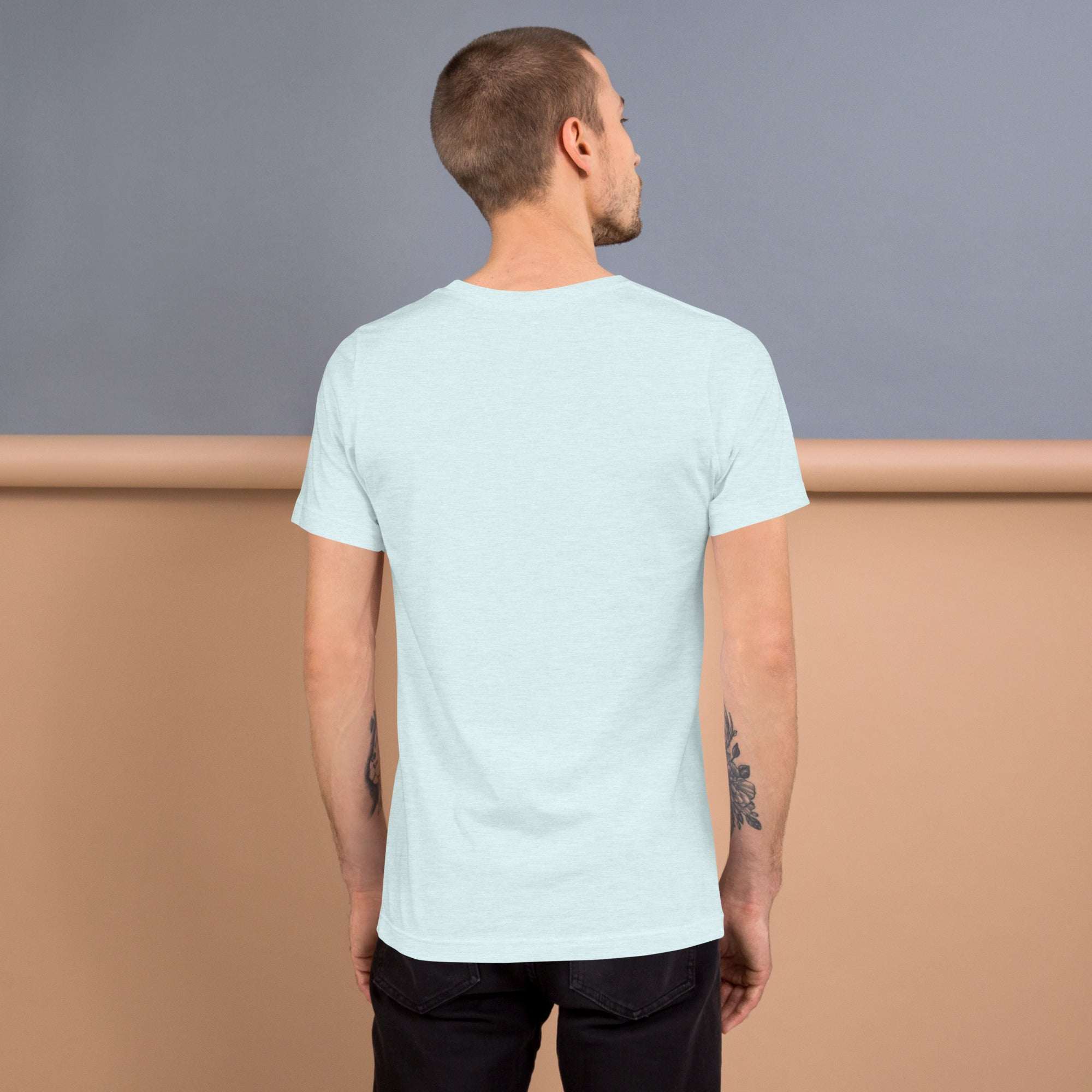 Man wearing light blue Good Vibes T-Shirt from back, soft and lightweight cotton fabric