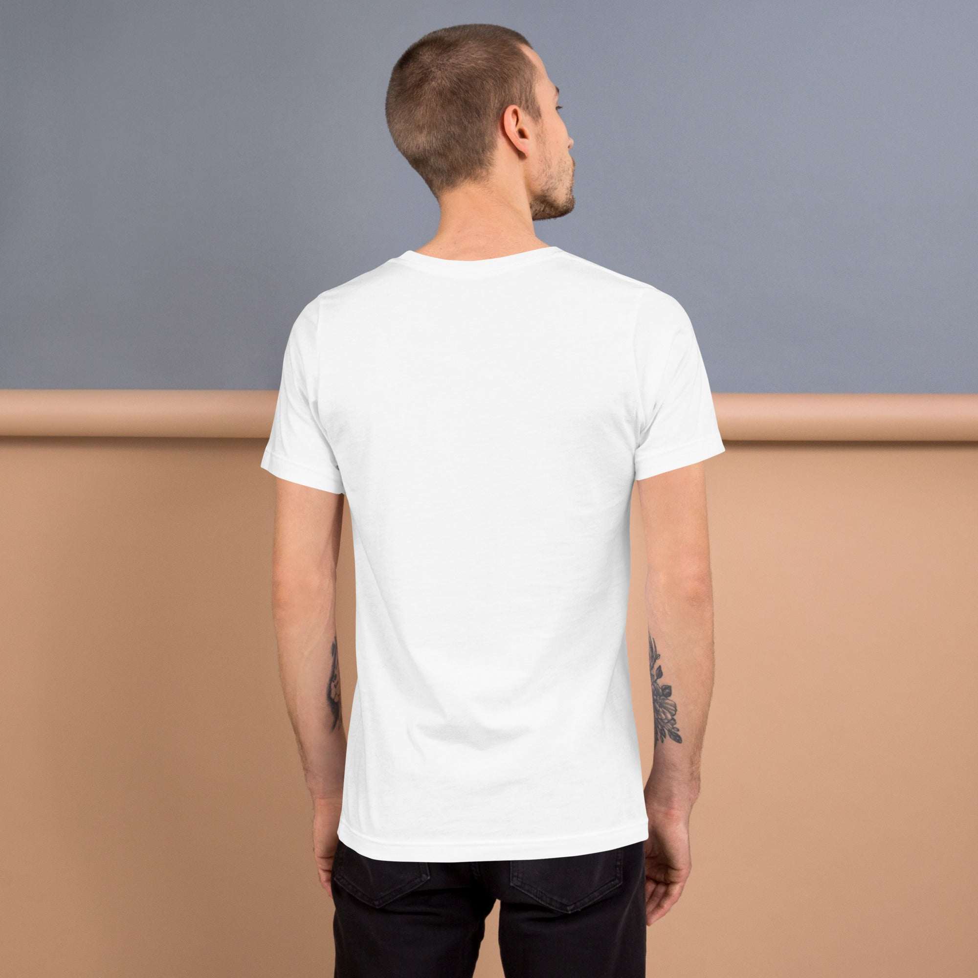 Man wearing plain white Good Vibes T-Shirt shown from back