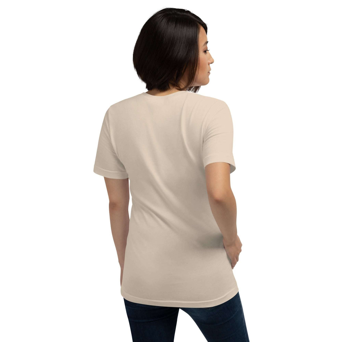 Woman wearing beige Real Queen T-Shirt with short sleeves and jeans, shown from the back