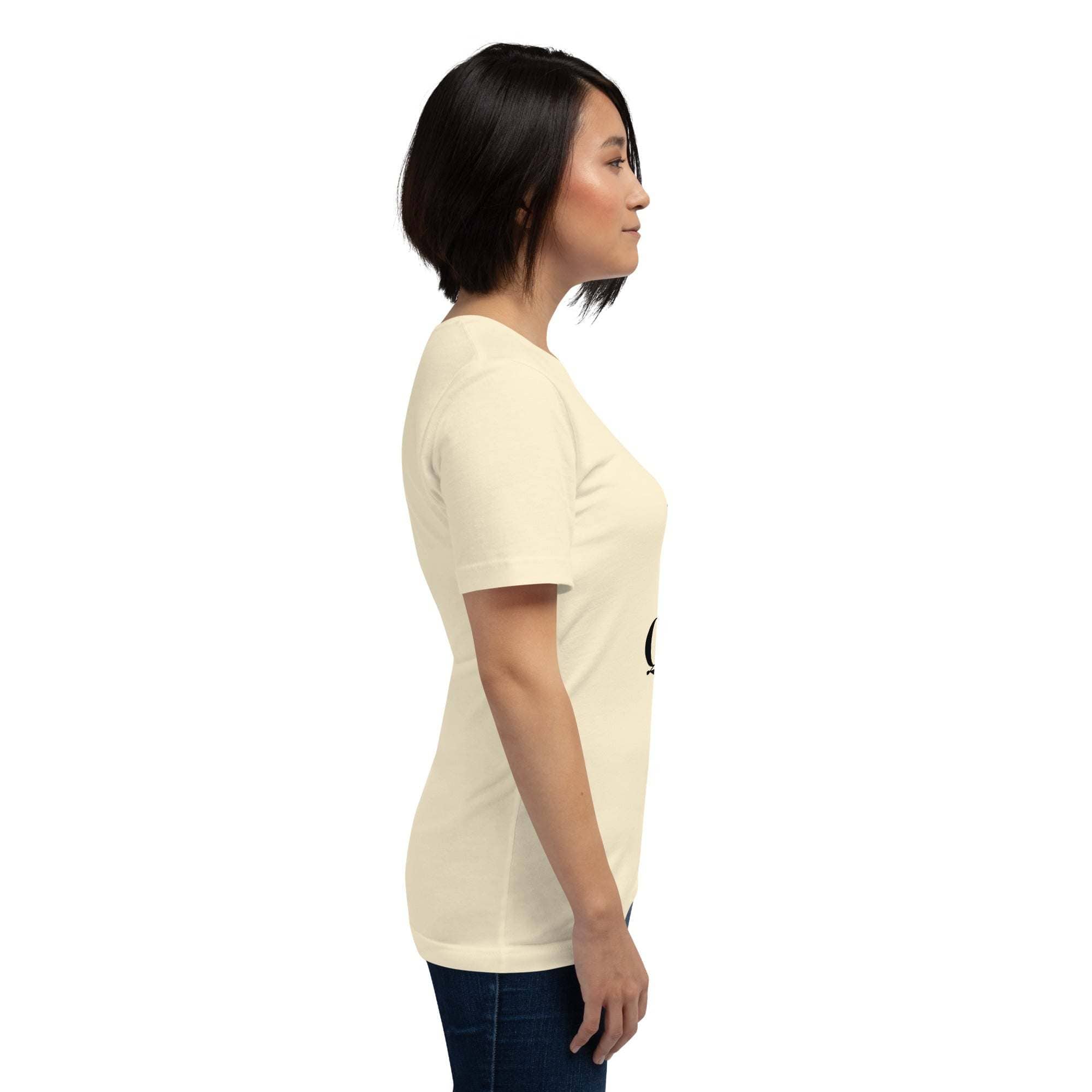 Woman wearing beige Real Queen T-Shirt with bold crown graphic and statement text side view