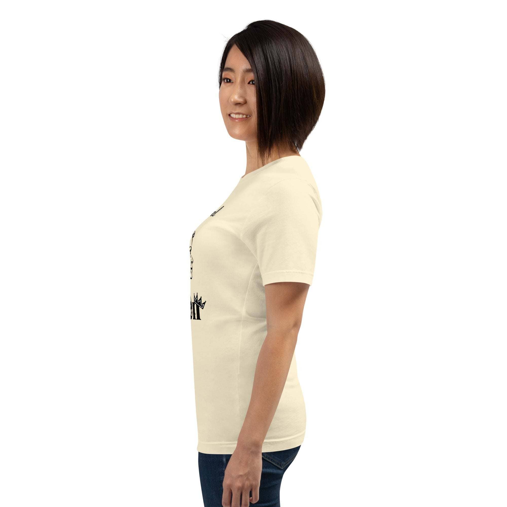 Woman wearing beige Real Queen T-Shirt with crown graphic and statement text side view