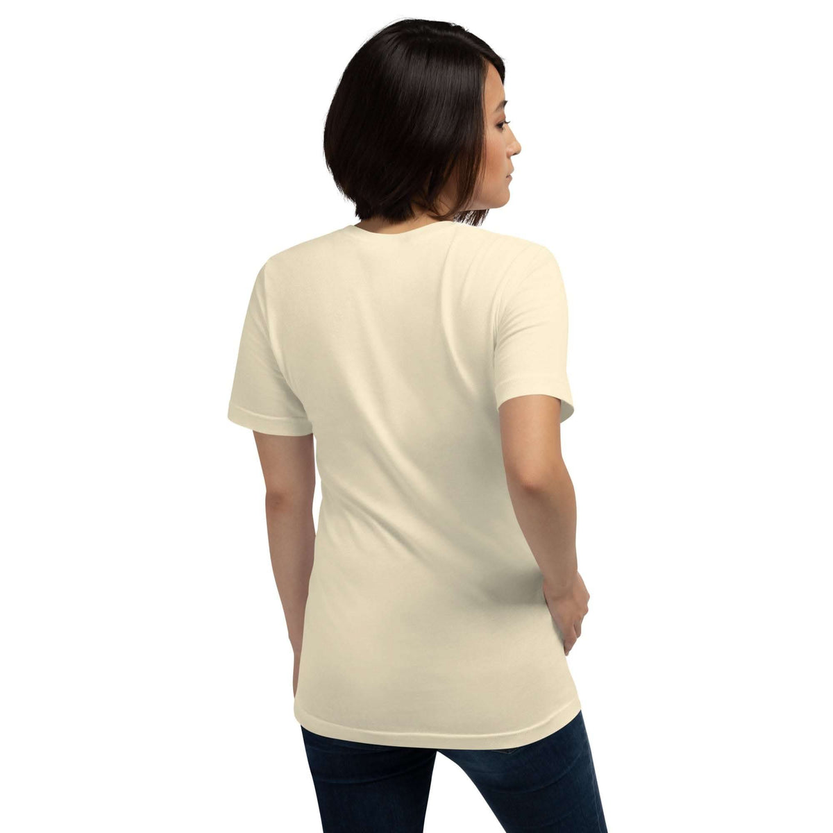 woman wearing plain cream Real Queen T-Shirt back view