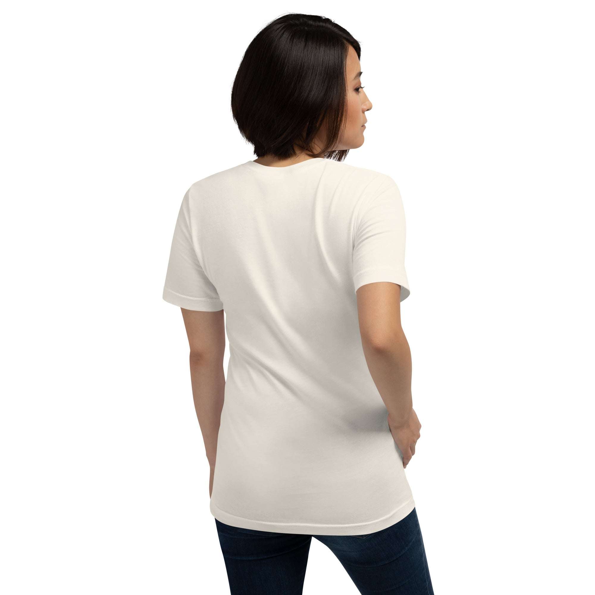 Woman wearing a plain white Real Queen T-Shirt from the back, casual fit with short sleeves and round neckline