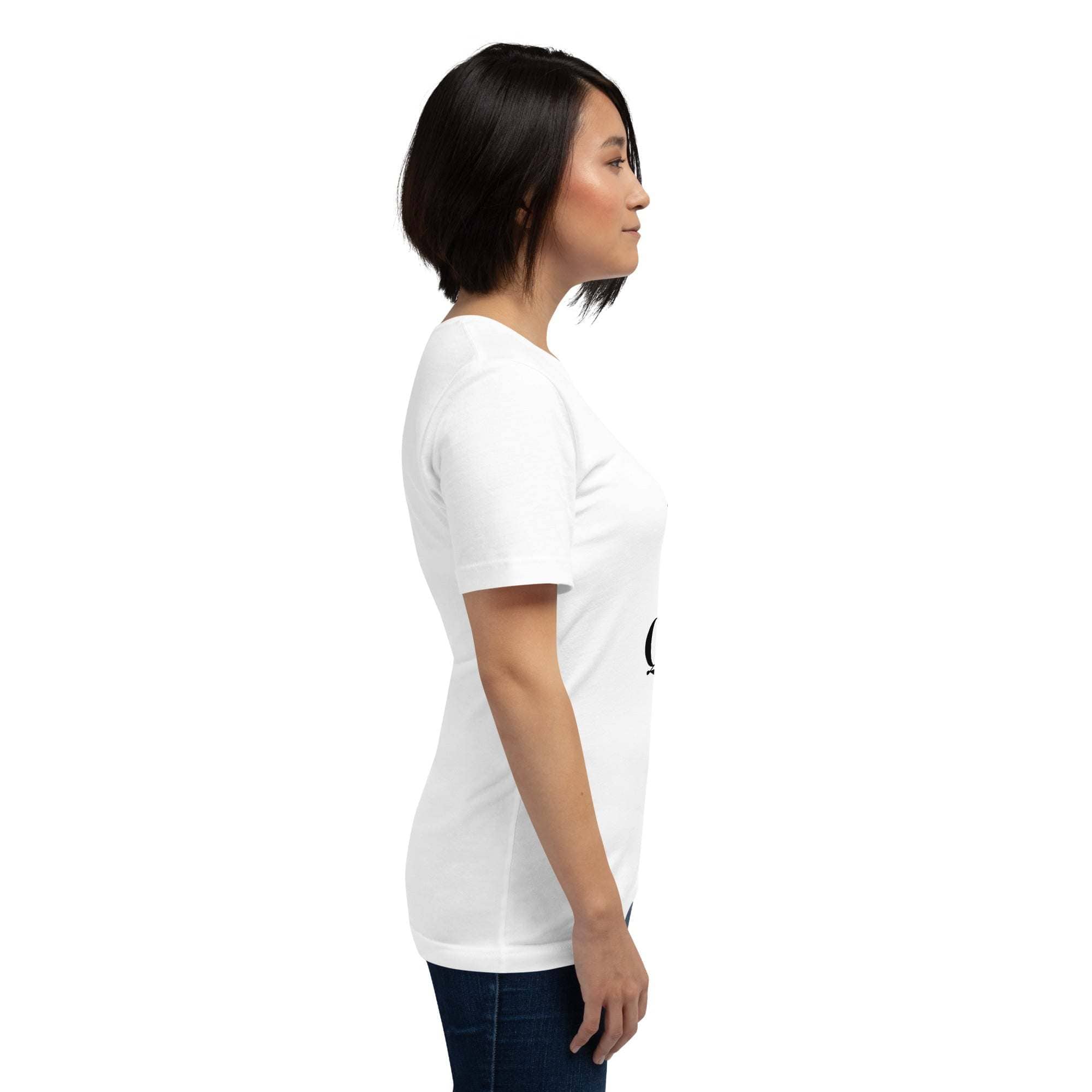 Woman wearing white Real Queen T-Shirt with crown graphic and statement text, side view