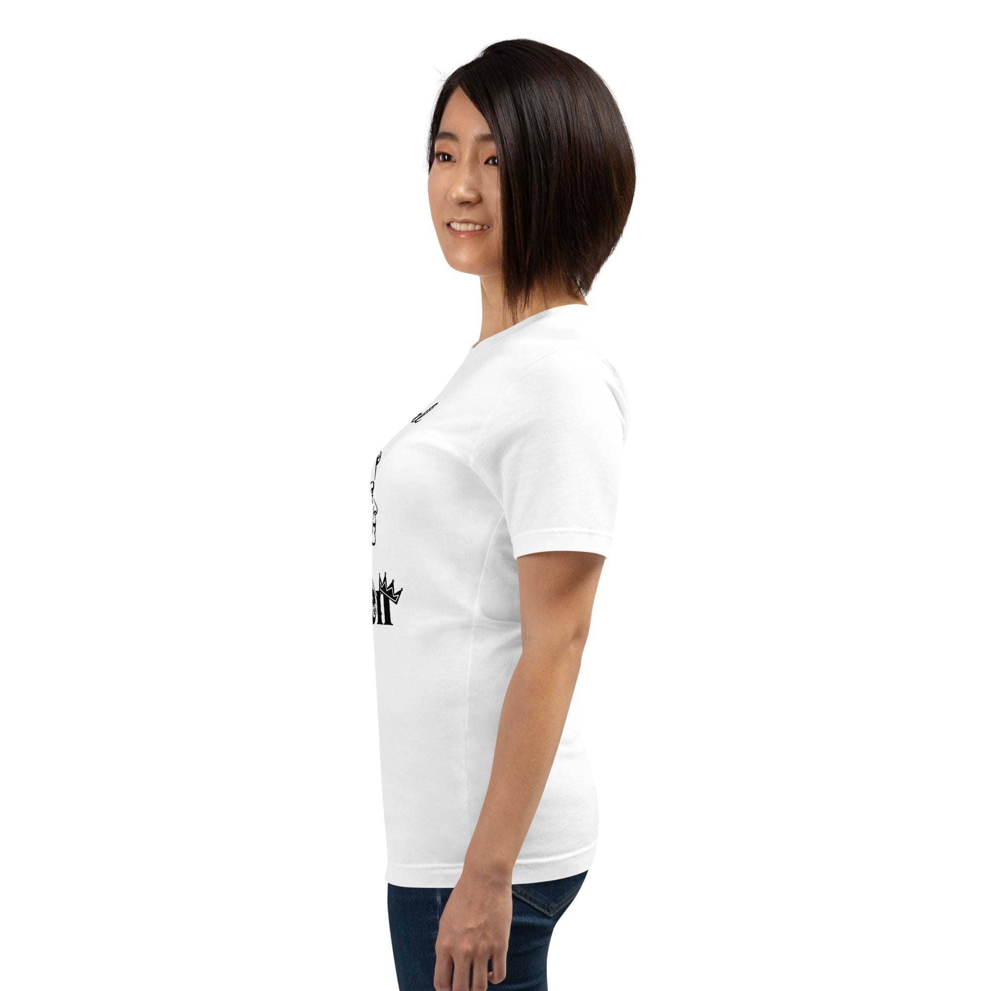Woman wearing white Real Queen T-Shirt with crown graphic and statement text, side view