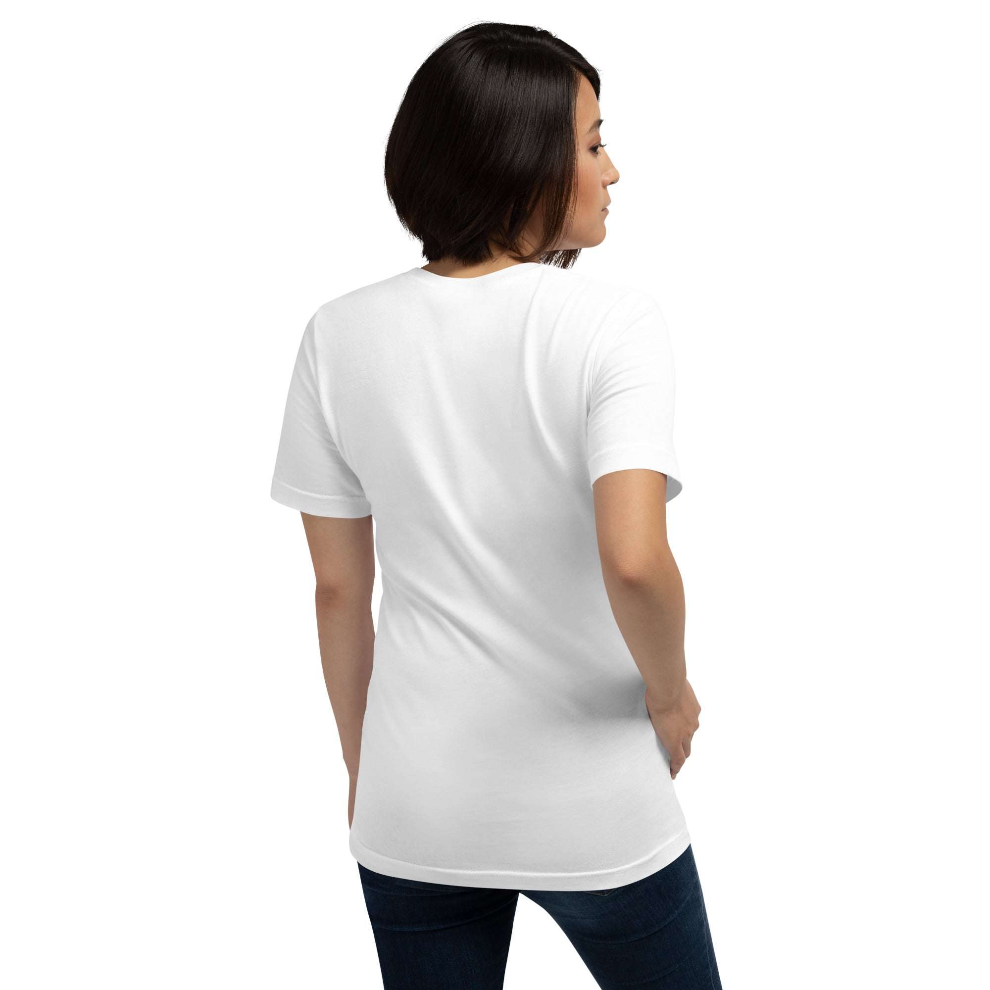 Woman wearing plain white Real Queen T-Shirt showing back view