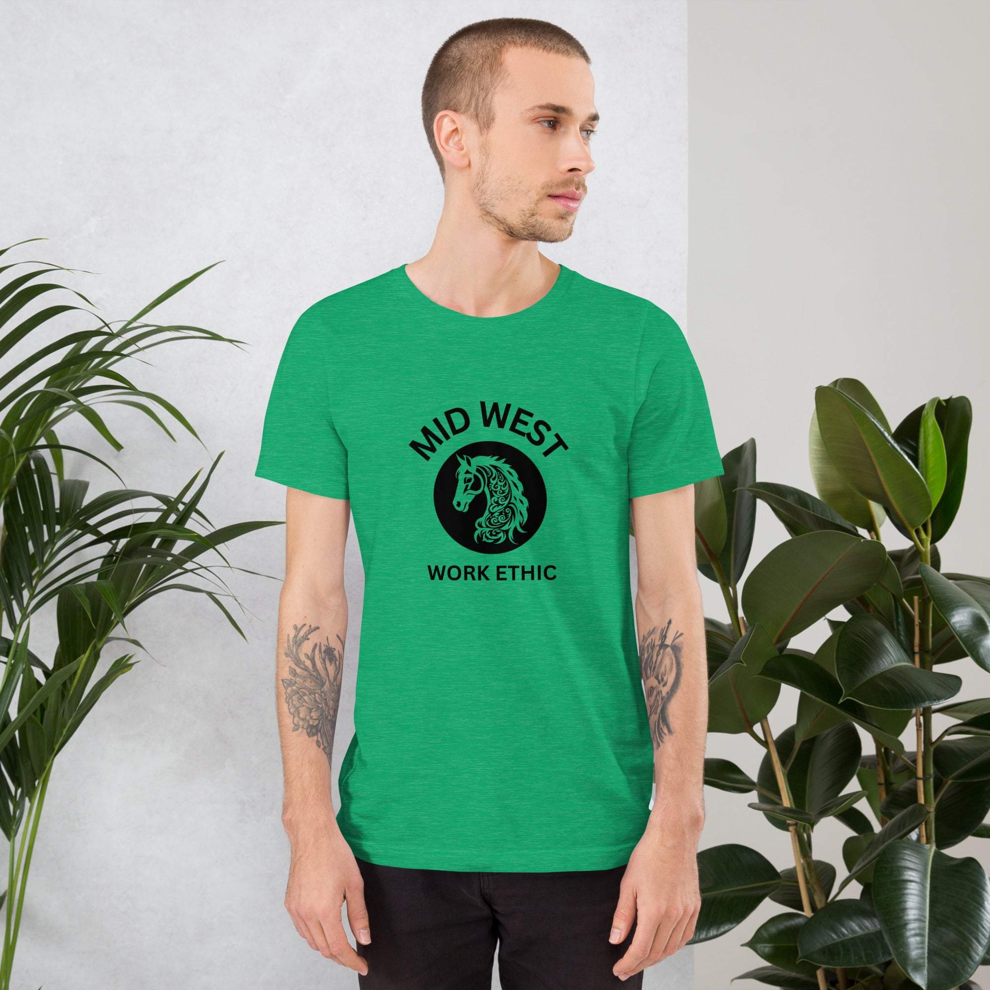 Green Midwest T-Shirt with black horse graphic and work ethic text worn by man