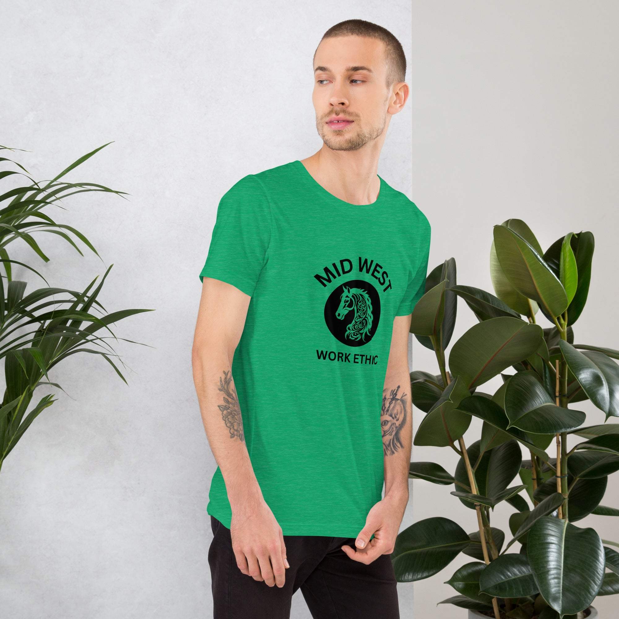 Green Midwest T-Shirt with horse graphic and work ethic text worn by man