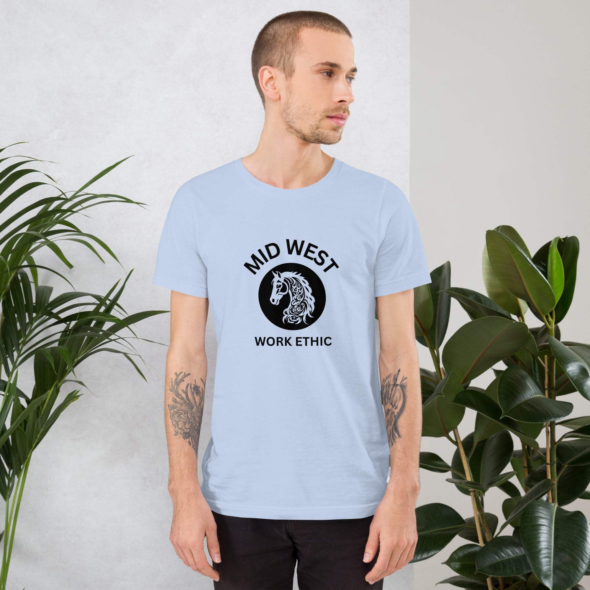 Man wearing light blue Midwest T-Shirt with black horse graphic and "Mid West Work Ethic" text
