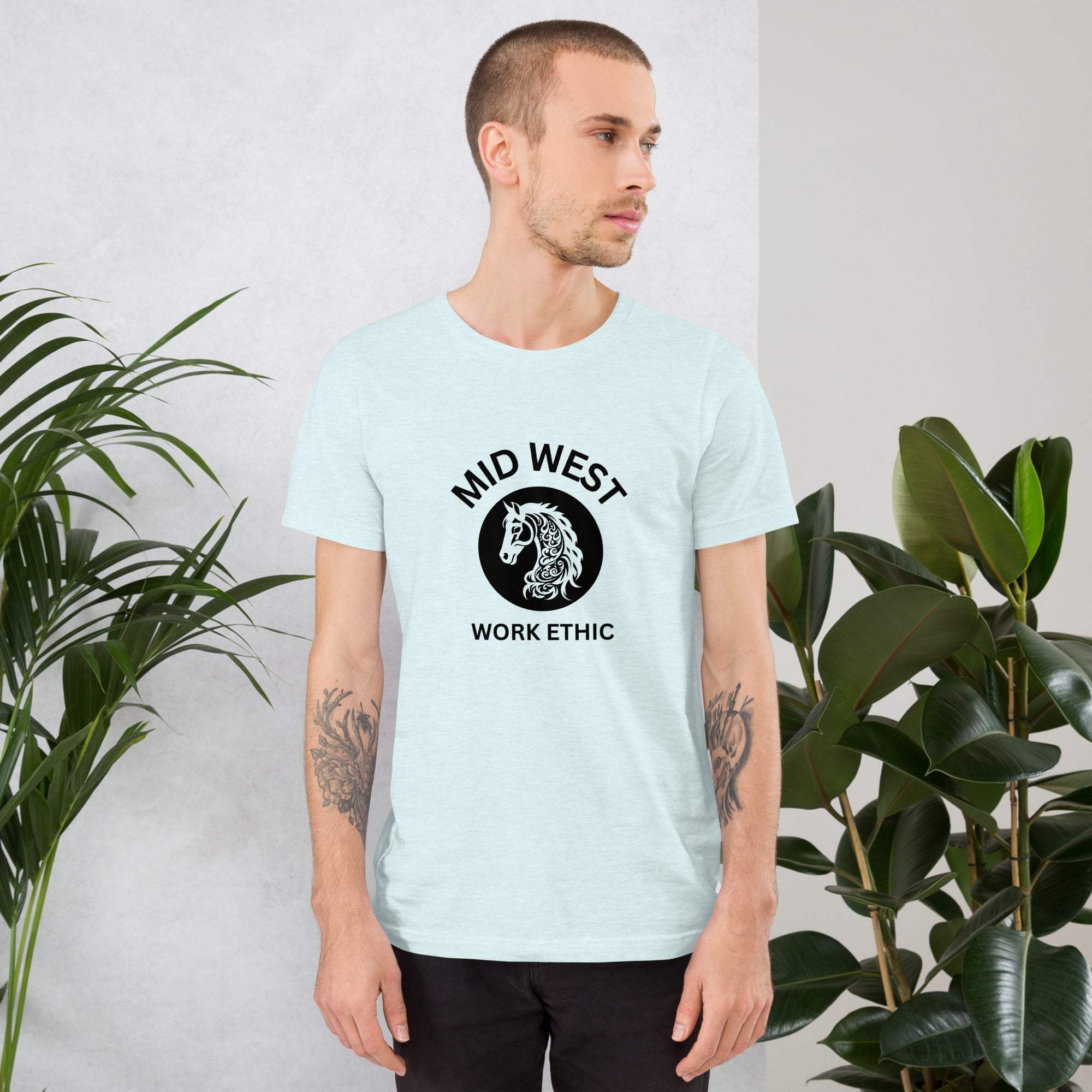Man wearing light blue Midwest work ethic t-shirt with black horse graphic and text.