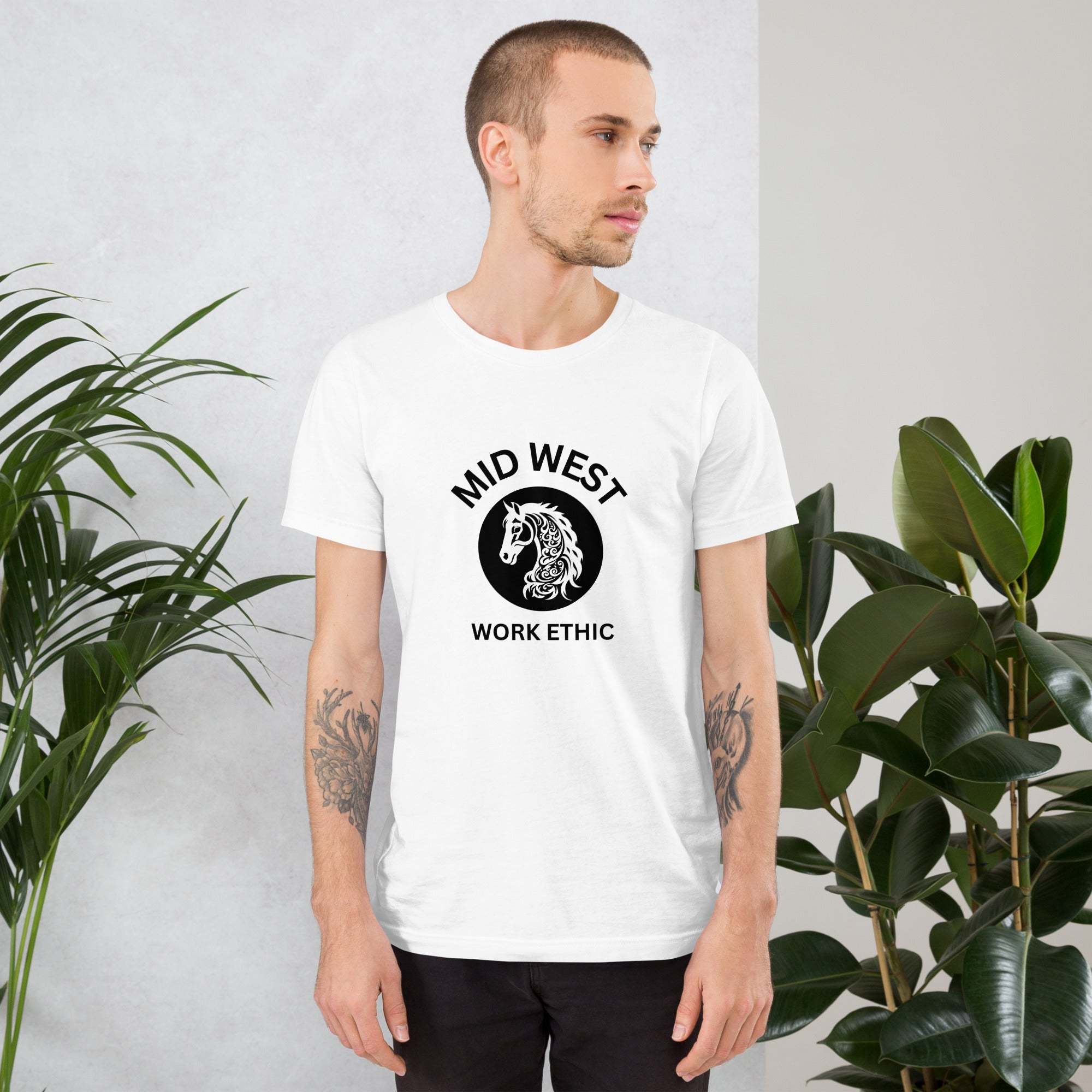 Men's Midwest T-Shirt with horse graphic and work ethic text, casual white farm life tee