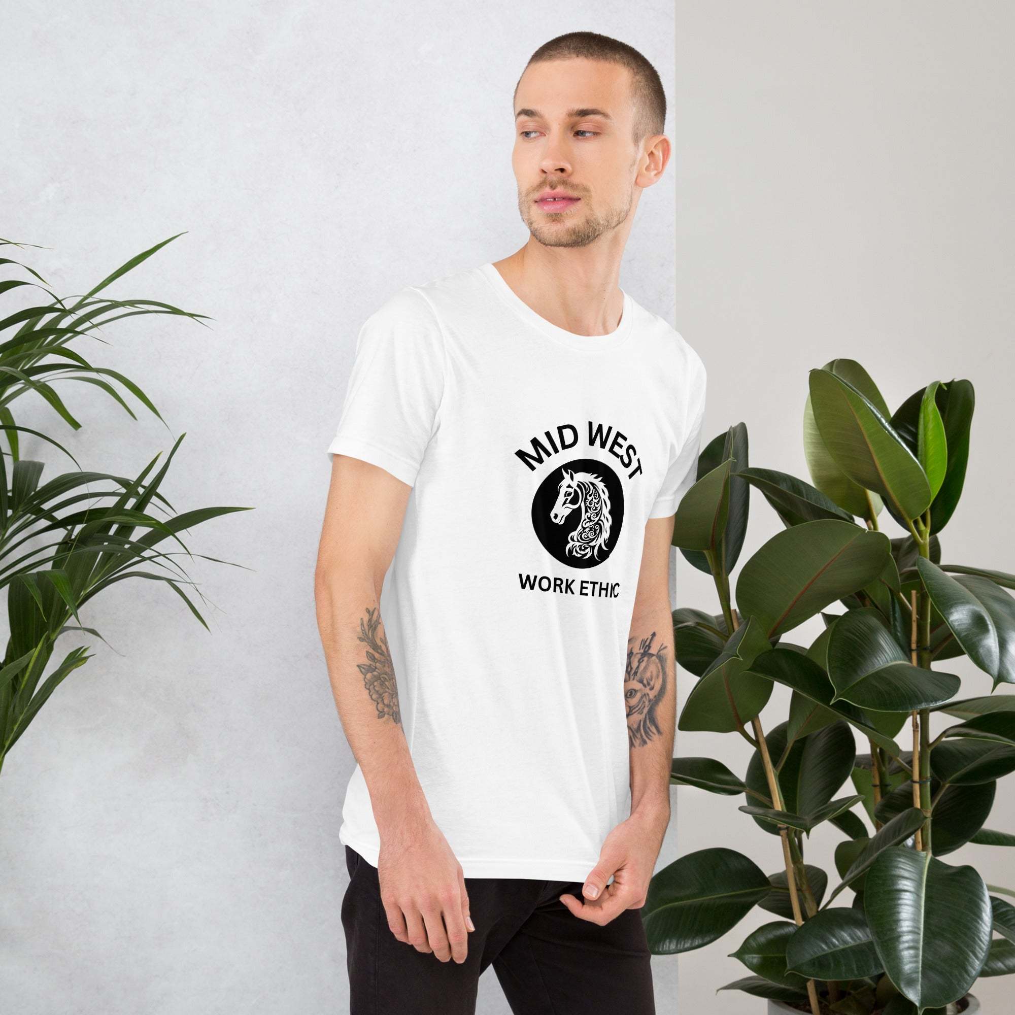 Man wearing white Midwest T-Shirt with horse graphic and work ethic text.