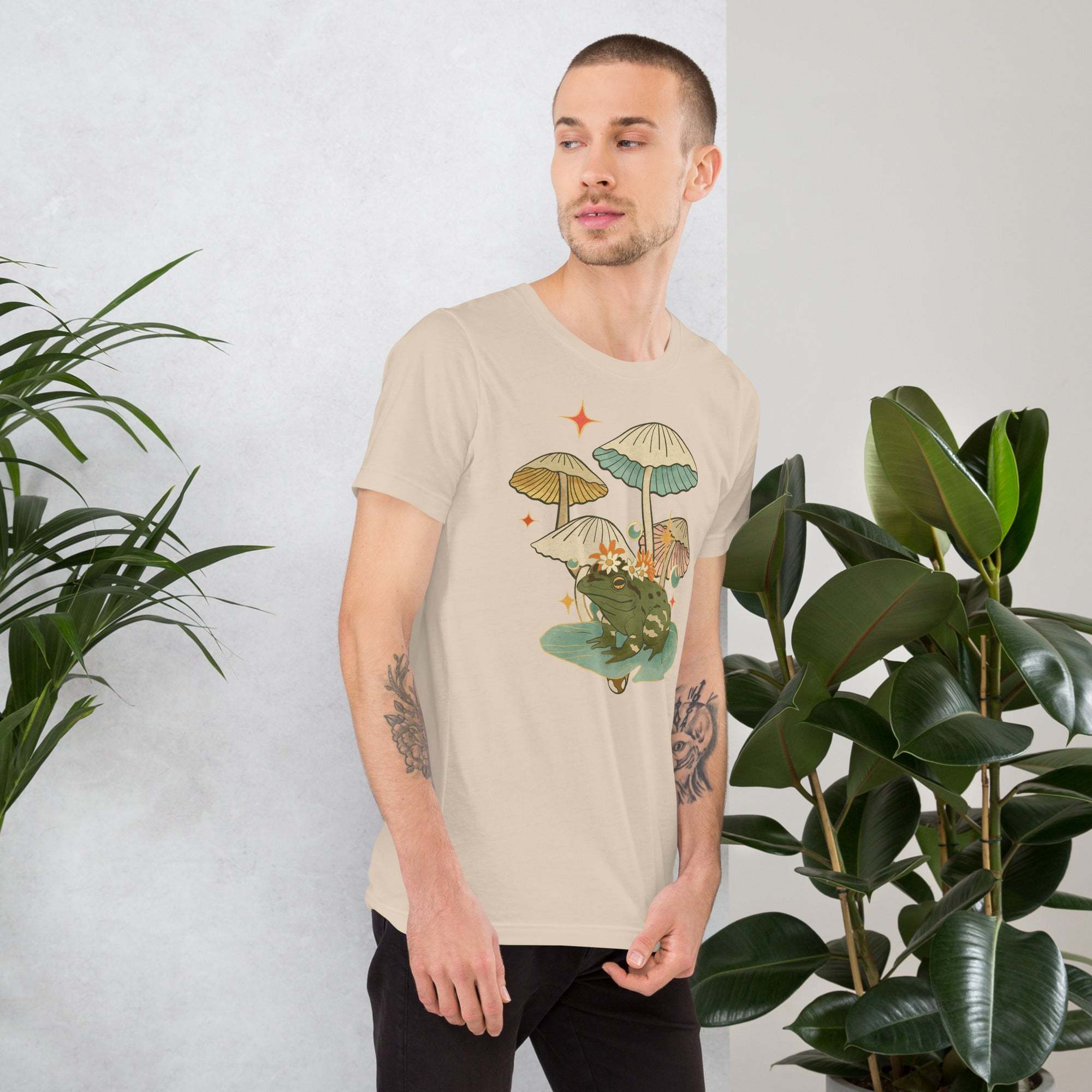 Unisex vintage aesthetic frog and mushroom t-shirt with nature-inspired cottagecore graphic design on soft cotton fabric