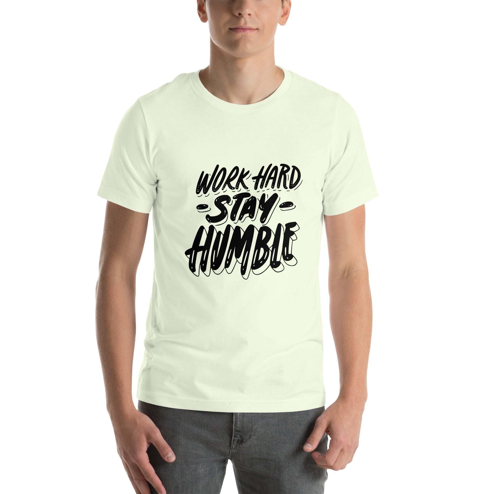 Man wearing white Work Hard Stay Humble T-Shirt with motivational text design