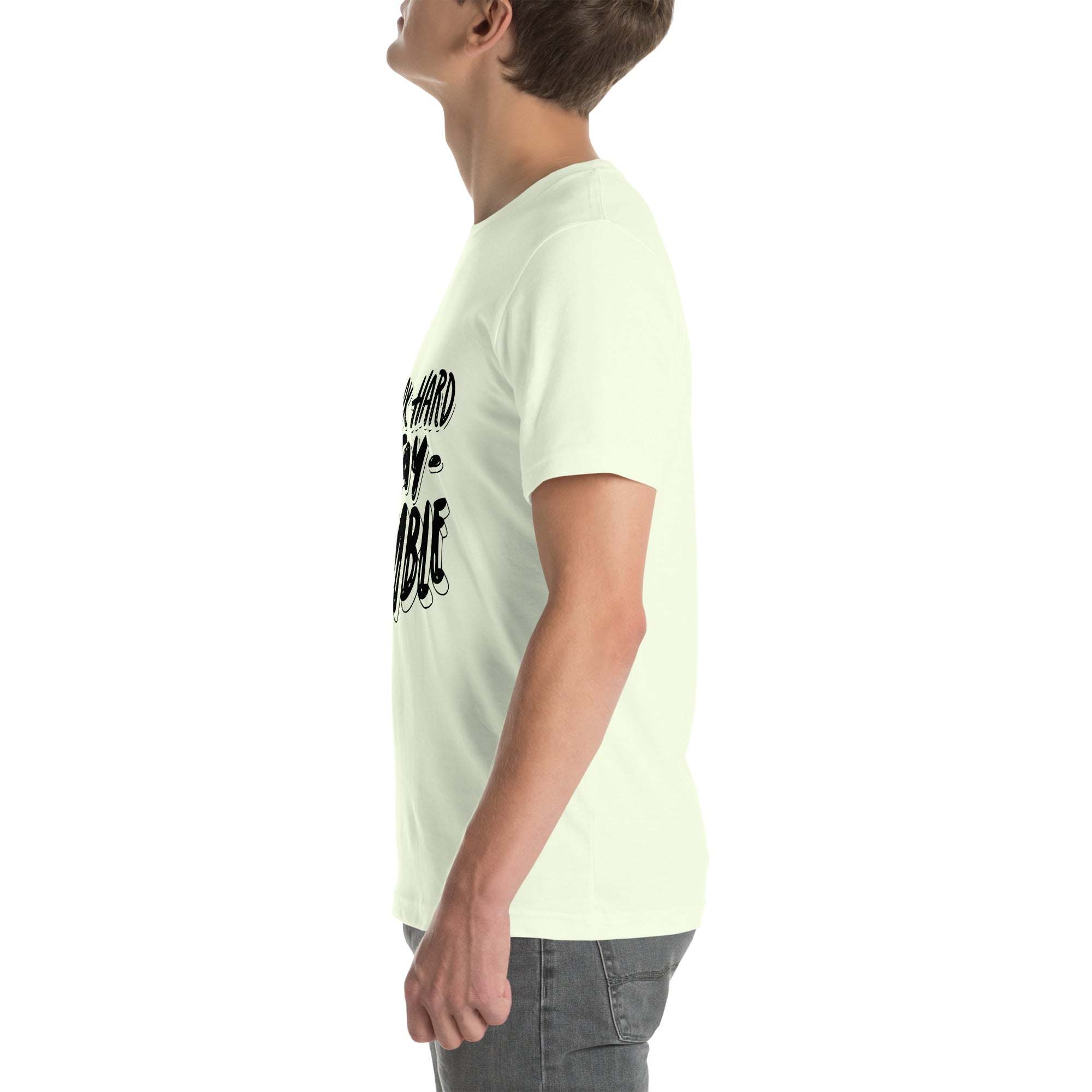 Side view of man wearing a white Work Hard Stay Humble motivational t-shirt