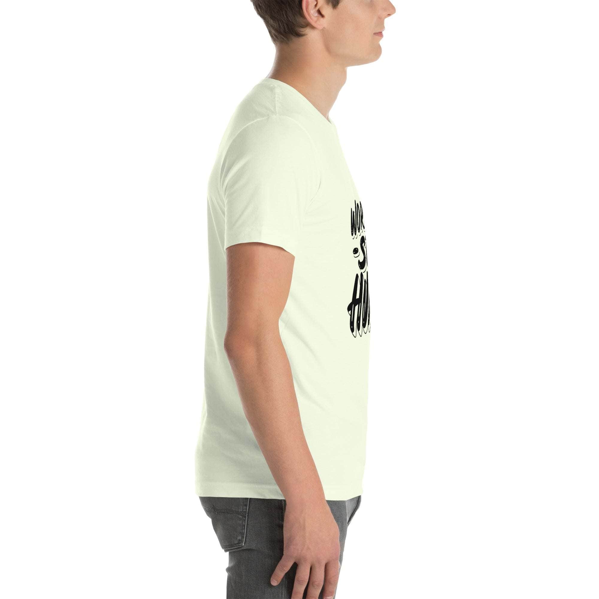 Side view of a man wearing a white Work Hard T-Shirt with motivational text and graphic design