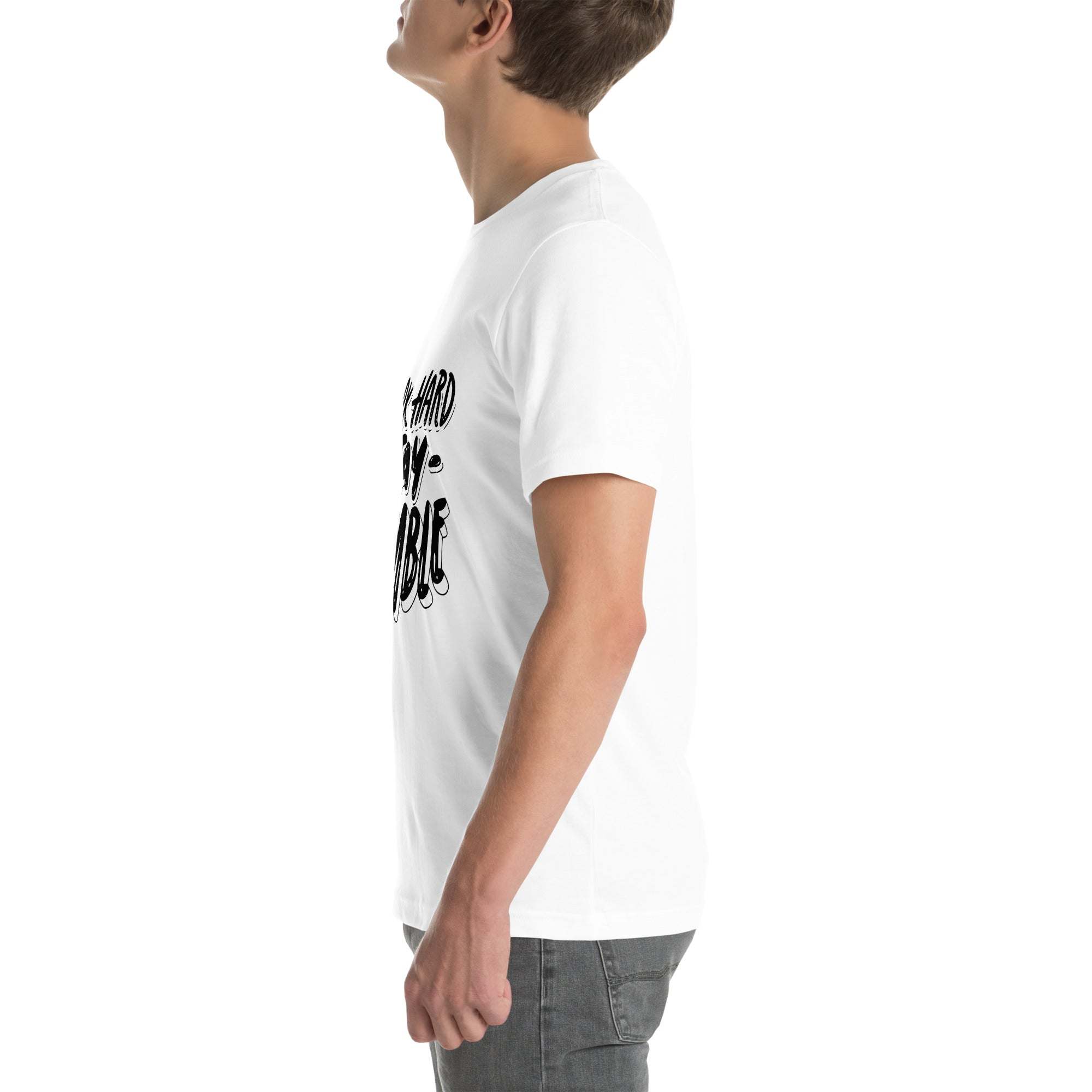 Side view of man wearing white Work Hard Stay Humble T-Shirt with motivational text design