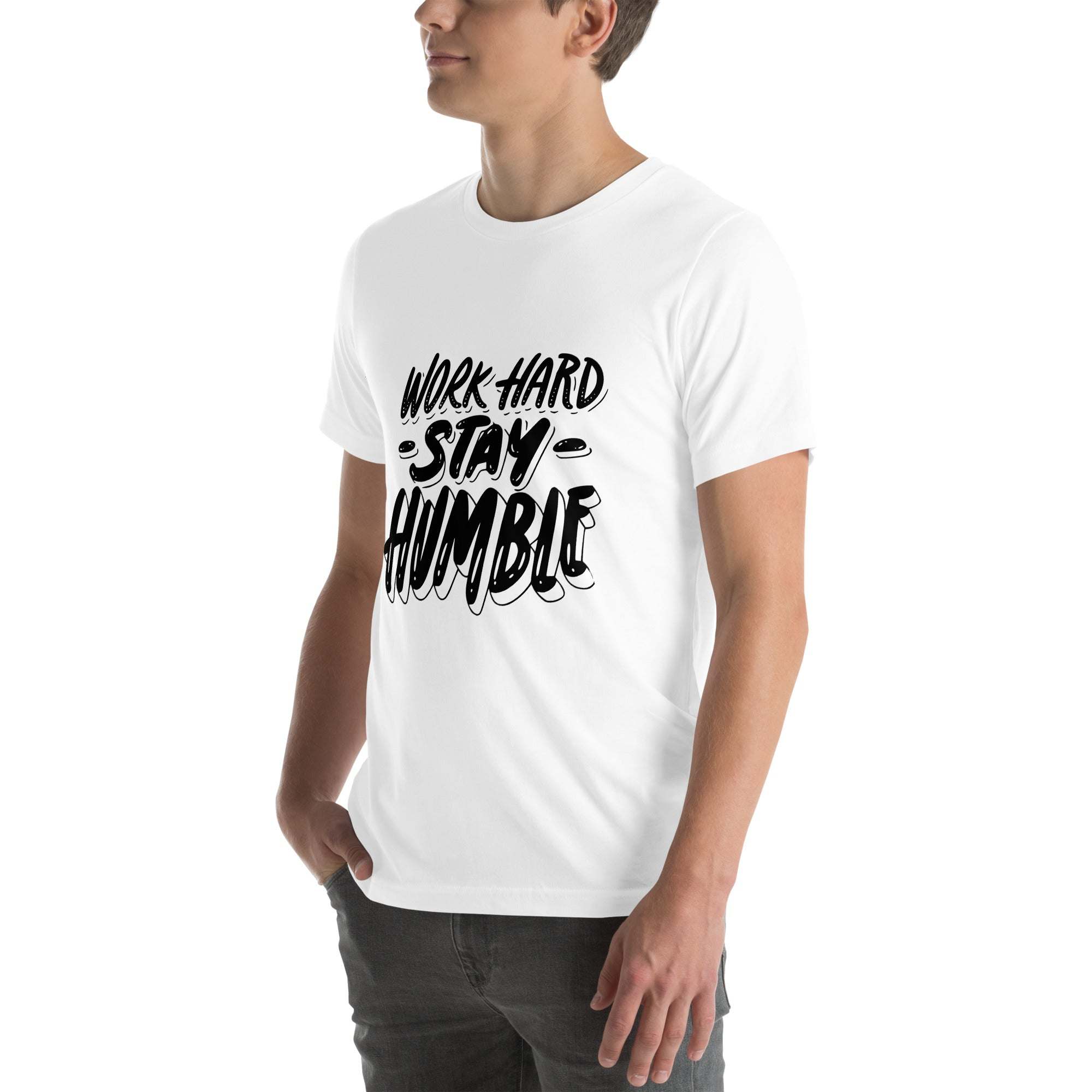 White Work Hard T-Shirt with motivational "Work Hard Stay Humble" graphic design worn by male model