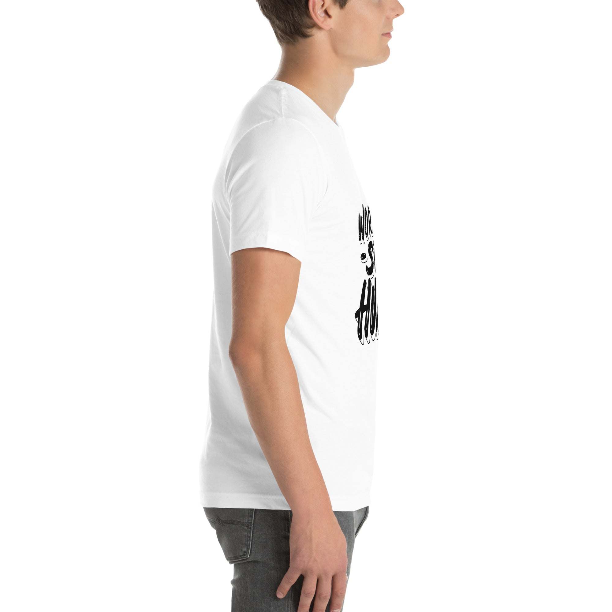 Side view of man wearing white Work Hard Stay Humble motivational quote T-shirt
