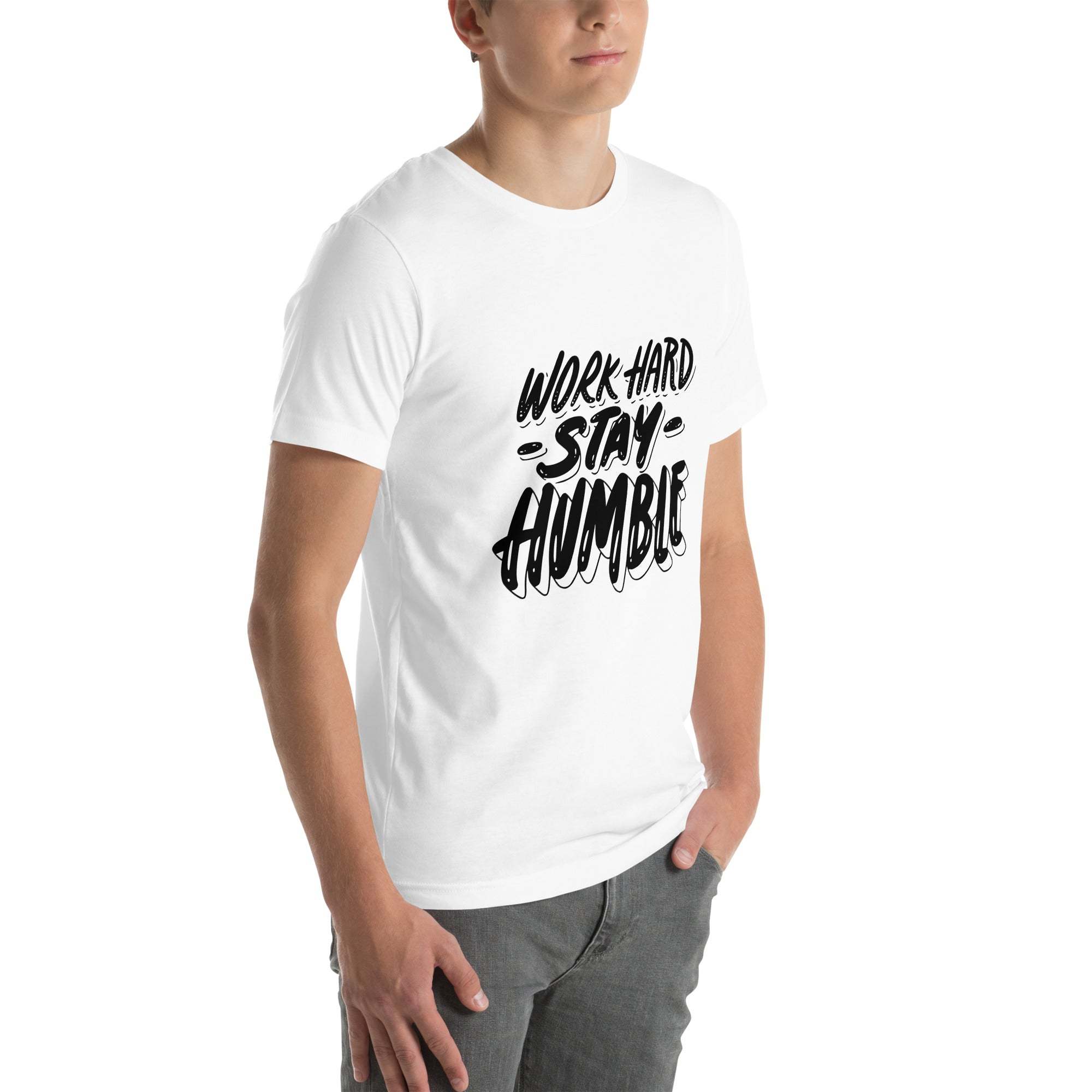 Man wearing white Work Hard Stay Humble T-Shirt with black motivational text design