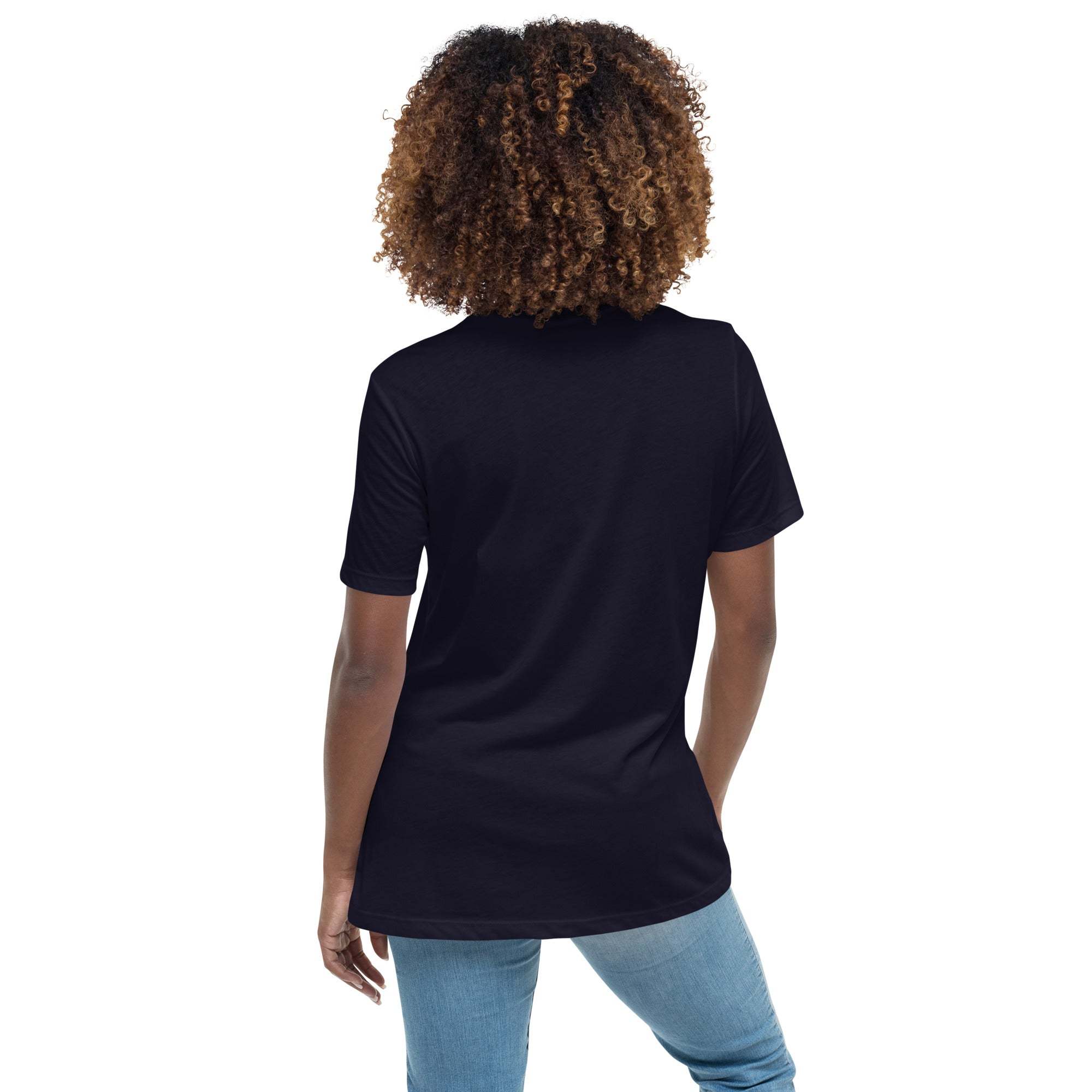 Woman wearing a black Amazing Mom T-Shirt viewed from the back with short sleeves and casual fit